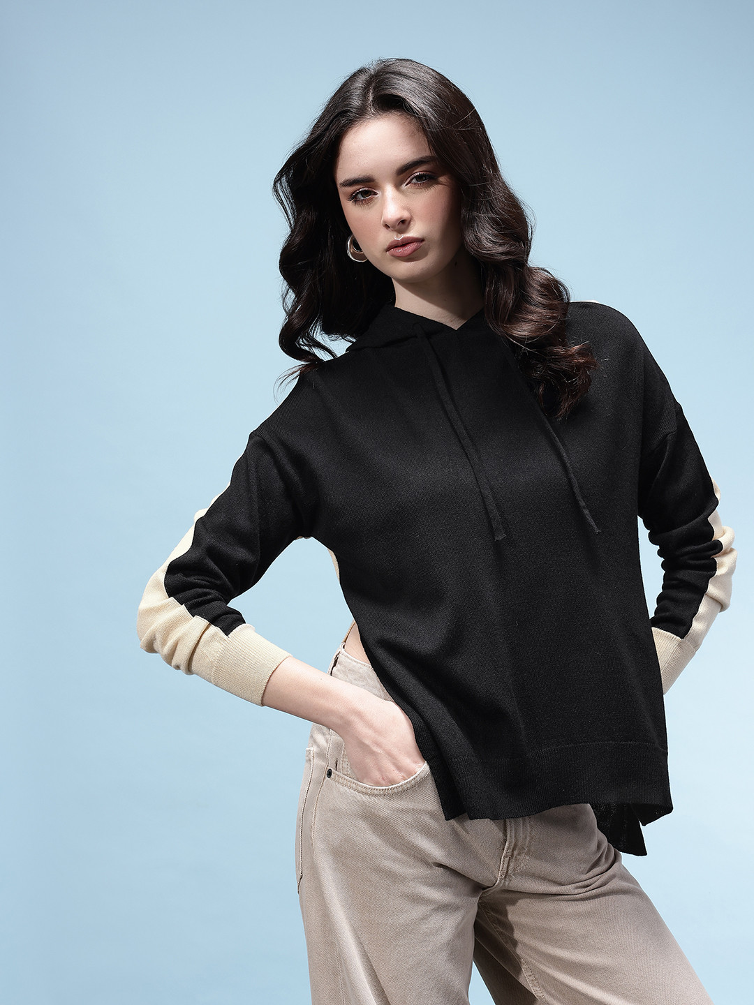 glitchez Colourblocked Side Slit Hooded Pullover