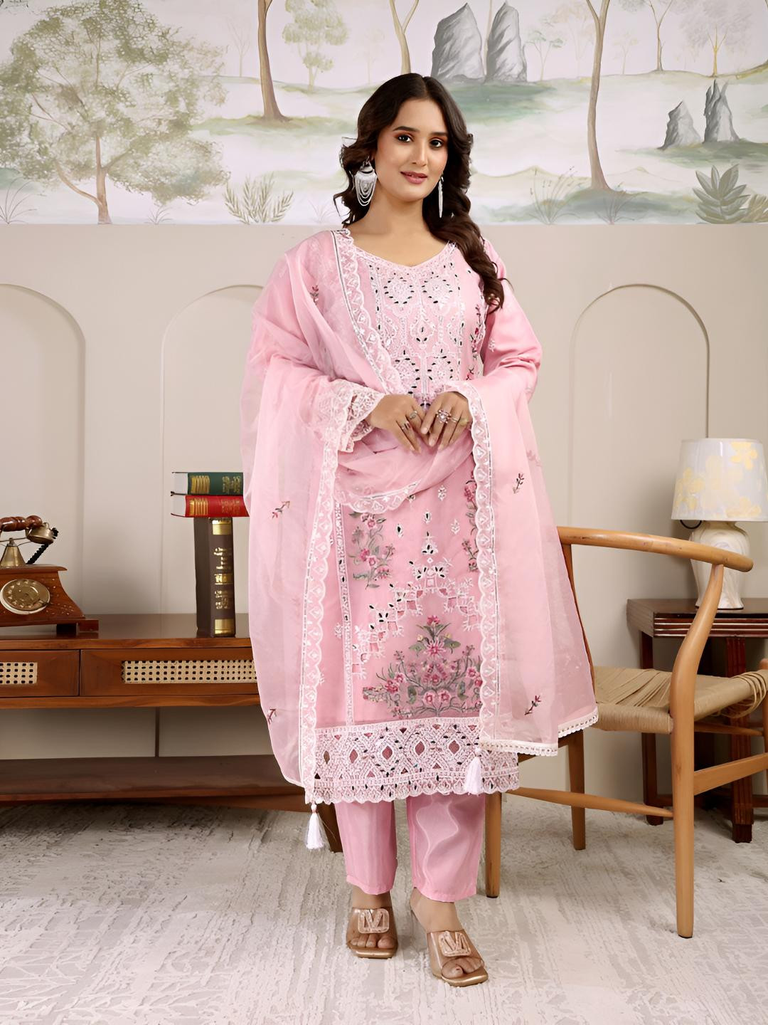LAZORI FASHION Floral Embroidered Mirror Work Kurta With Trousers & Dupatta