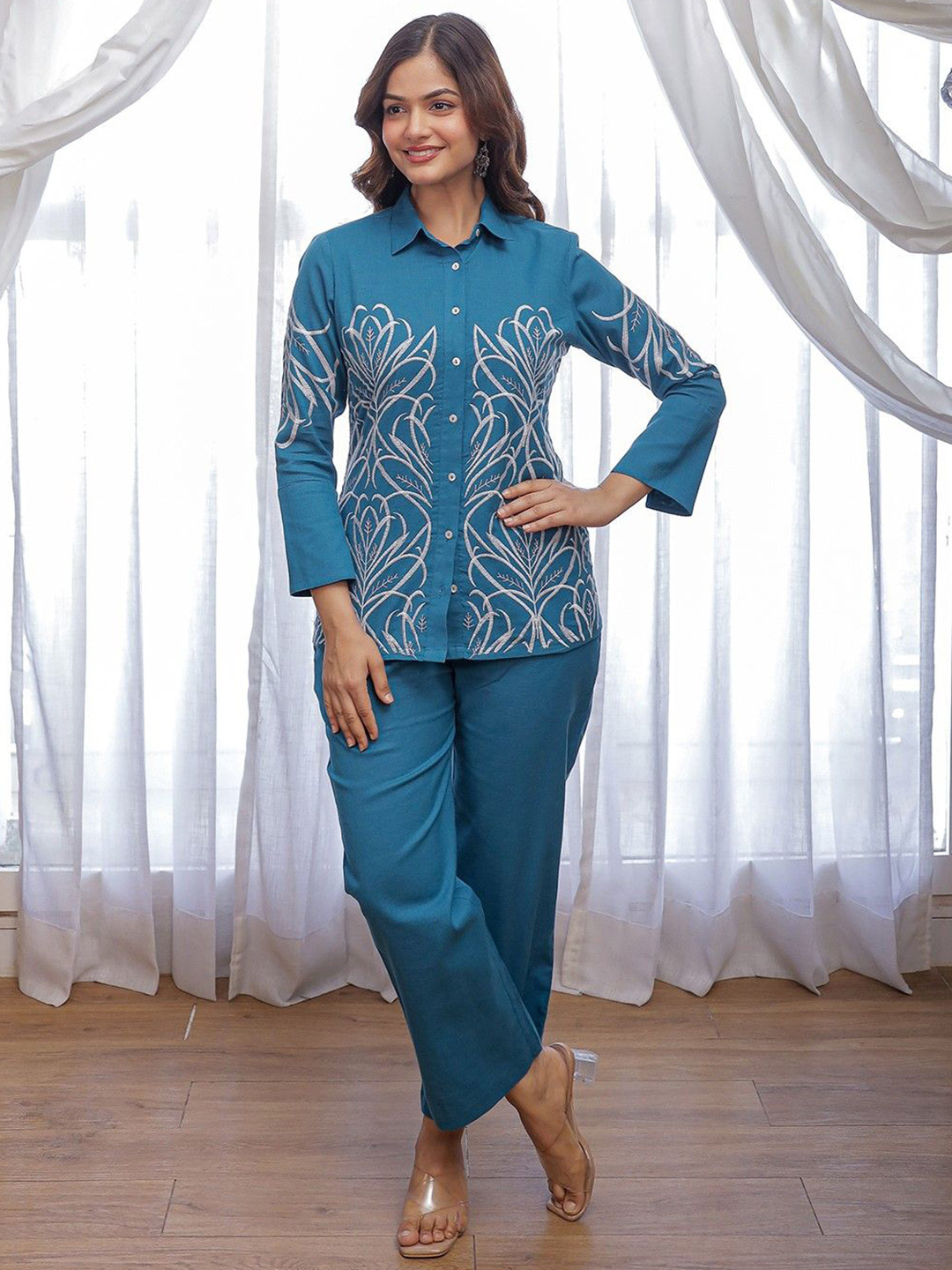 AUTUMN LANE Viva Tufts Embroidered Pure Cotton Shirt With Trousers Co-Ords Set