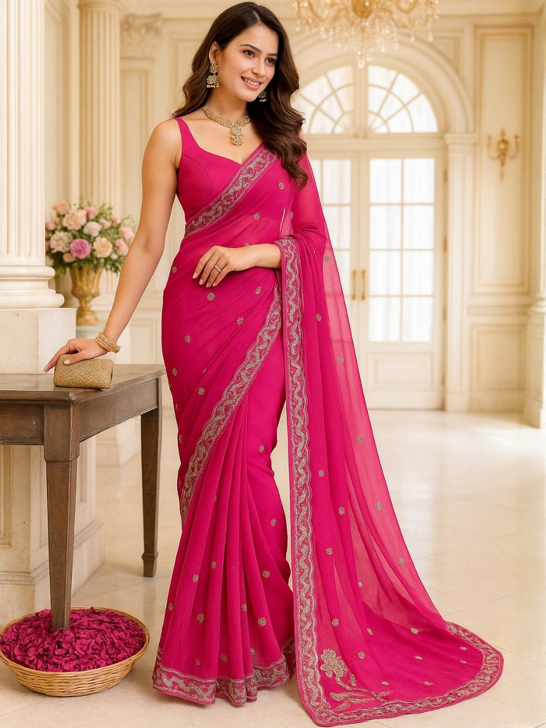 HERE&NOW Women Rose Pink Embellished Poly Georgette Saree