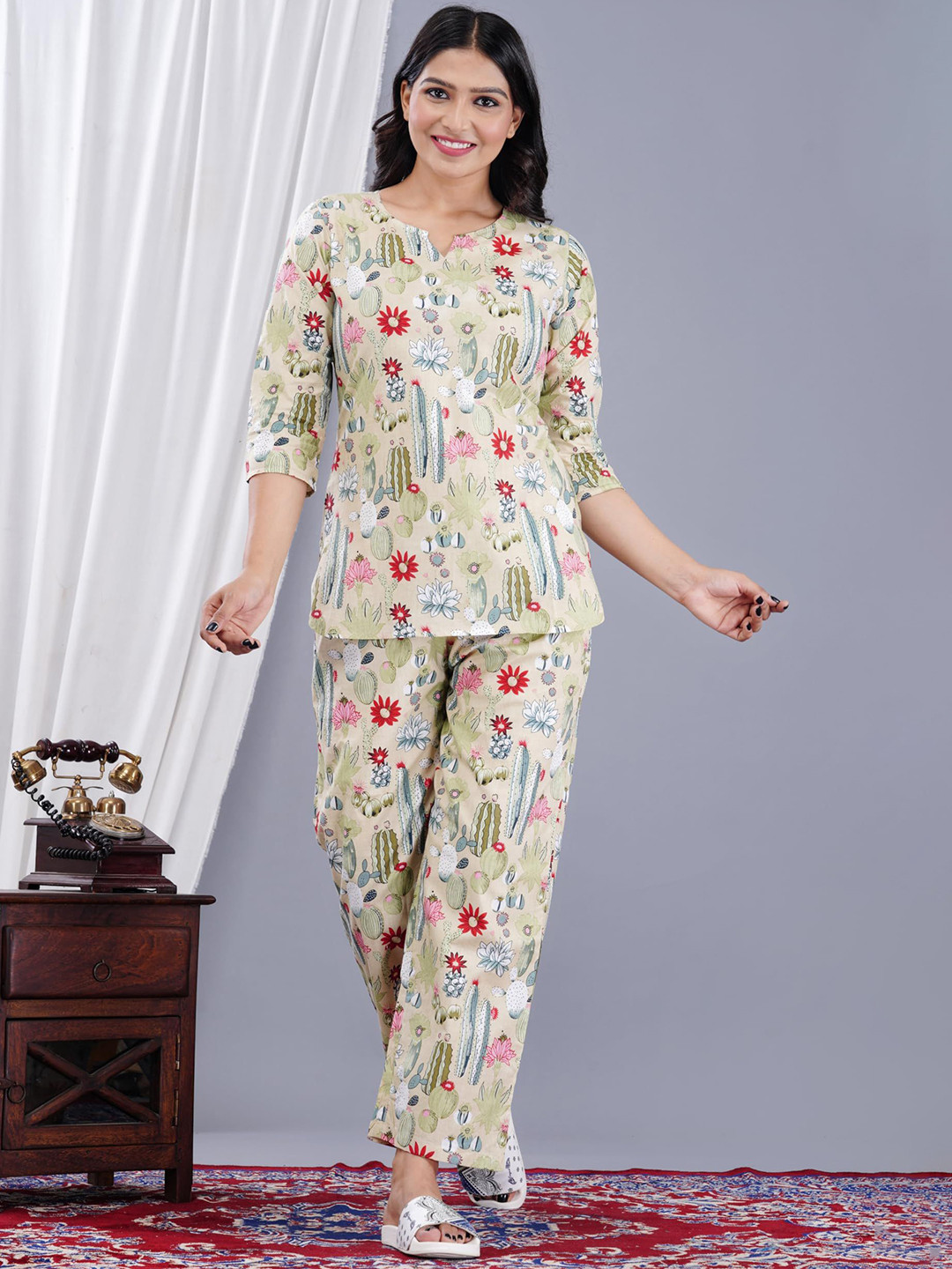 Dhruvi Art jewellery store Floral Printed Round Neck Pure Cotton Kurti With Pyjamas
