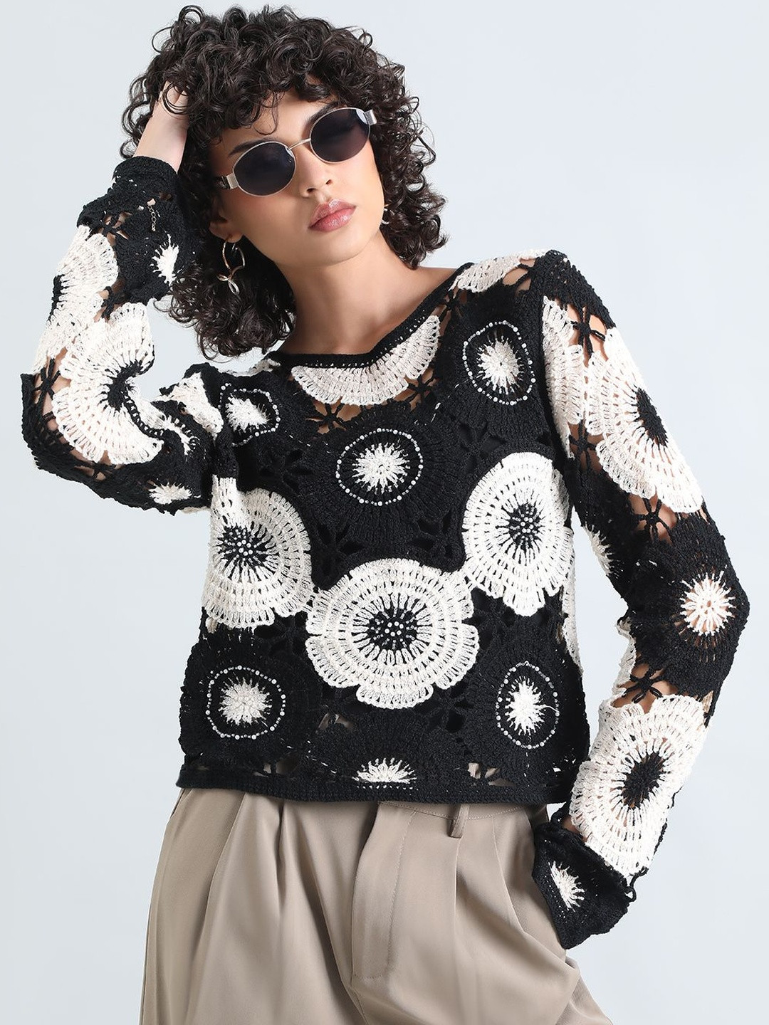 SHOWOFF Floral Cotton Crochet Top