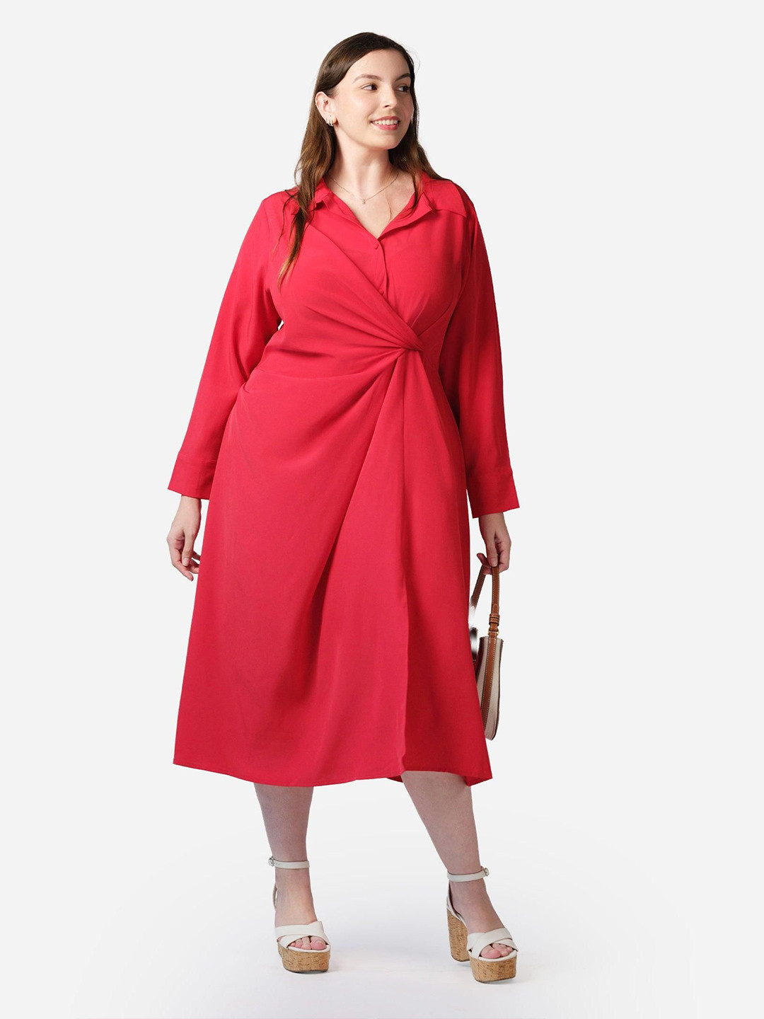 Virgio Plus Size  Women  Modal Satin Shirt Collar Midi Solid Long Sleeves Dress
