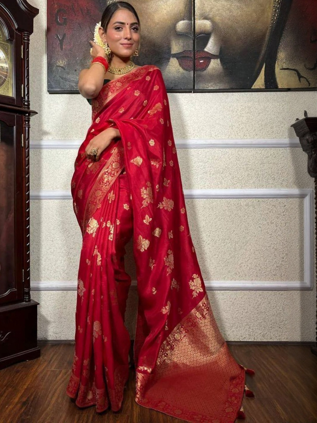 Flossy Women Red Ethnic Motifs Traditional Banarasi Silk Saree
