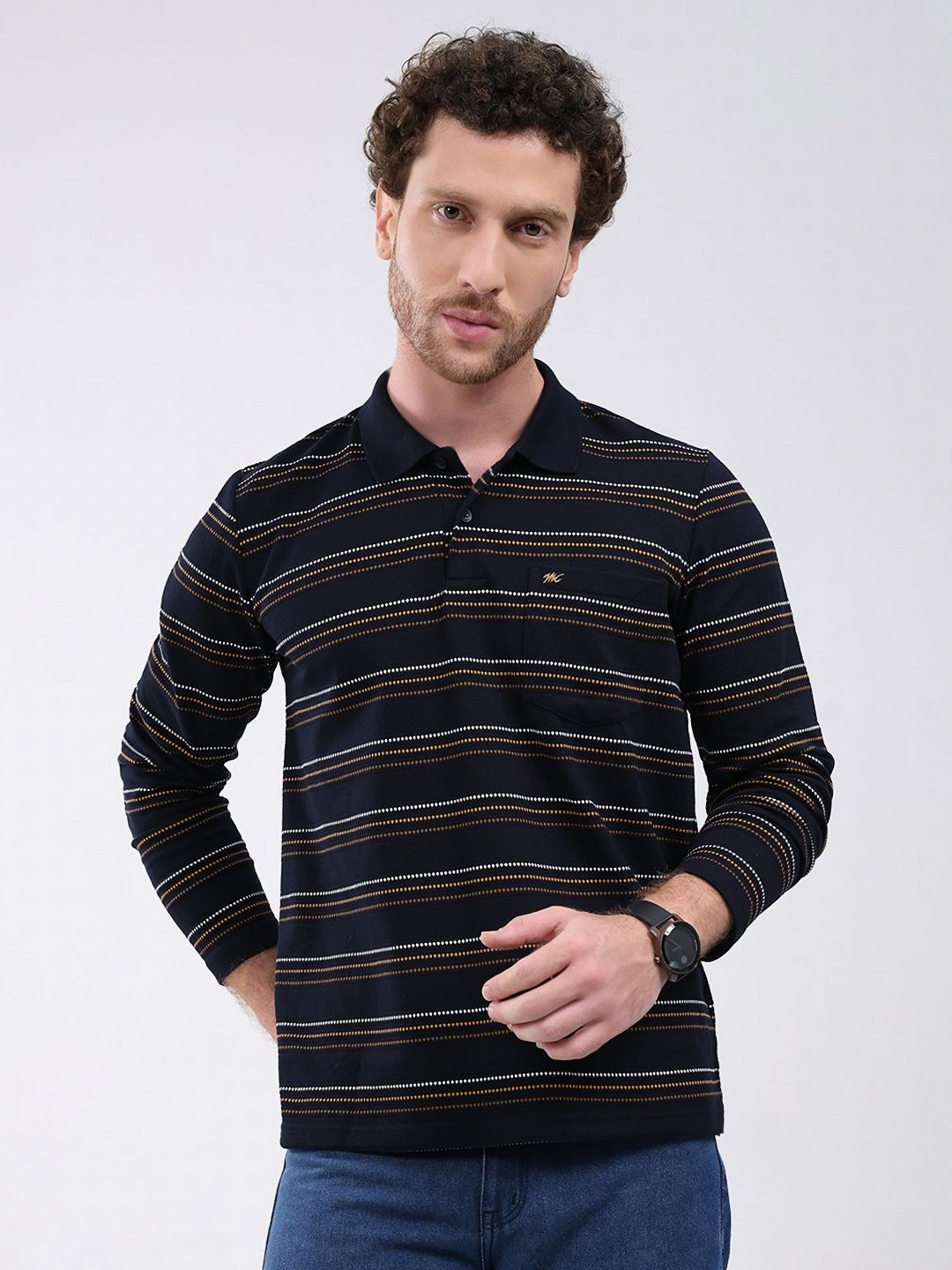Monte Carlo Men Striped Polo Collar Neck Full Sleeve T-shirt