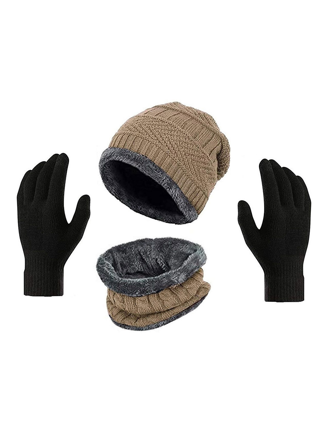 Gajraj Unisex Self Design Beanie Neck Scarf & Black Gloves Set