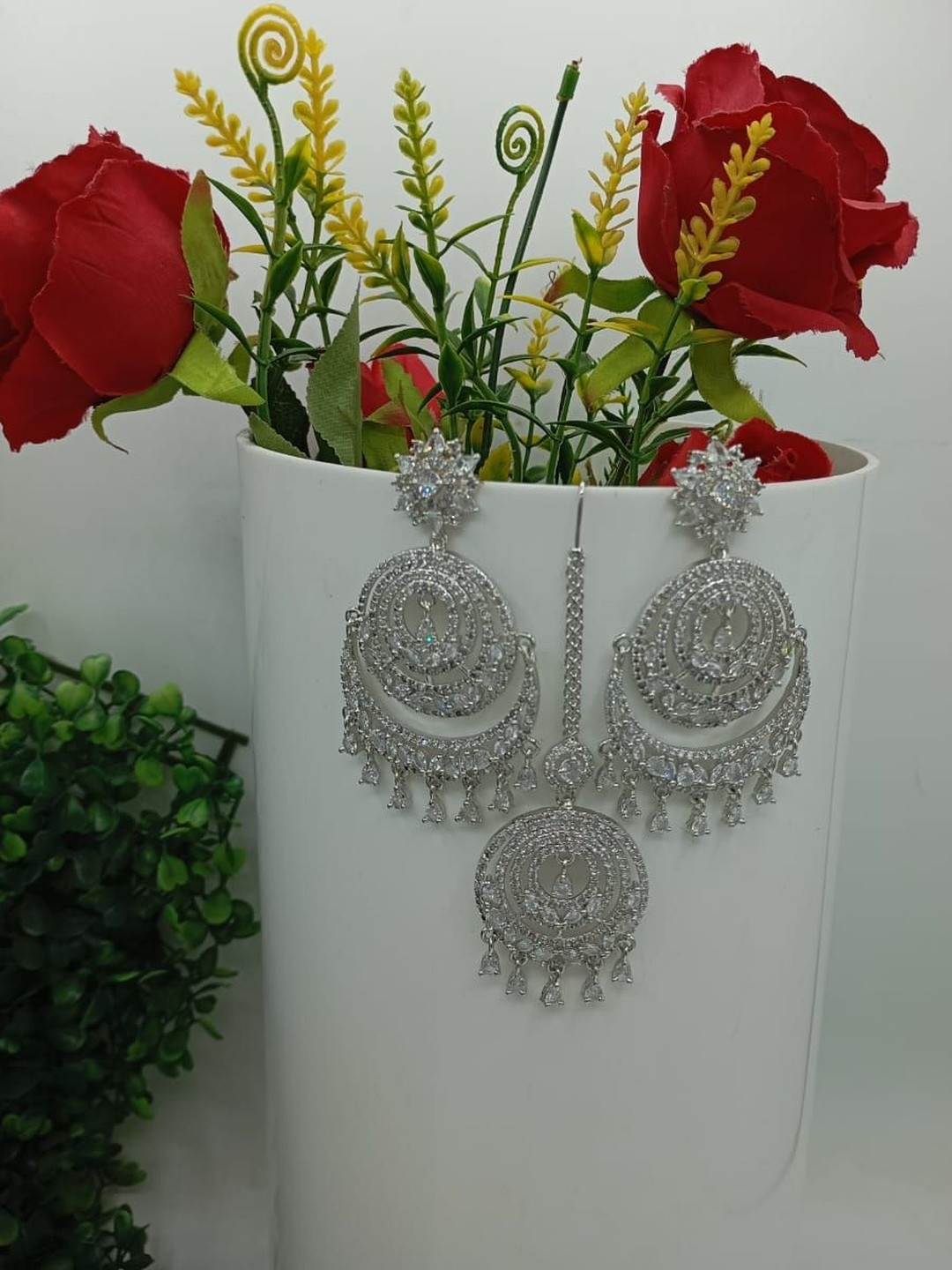 NEW AMBAJI ART JEWELLERY Silver Plated American Diamond Earrings With Matching Maangtika