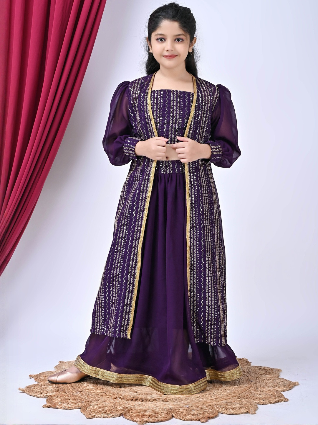 SPAMitude Girls Purple Sequins Embellished Georgette Top & Skirt With Puff Sleeve Jacket