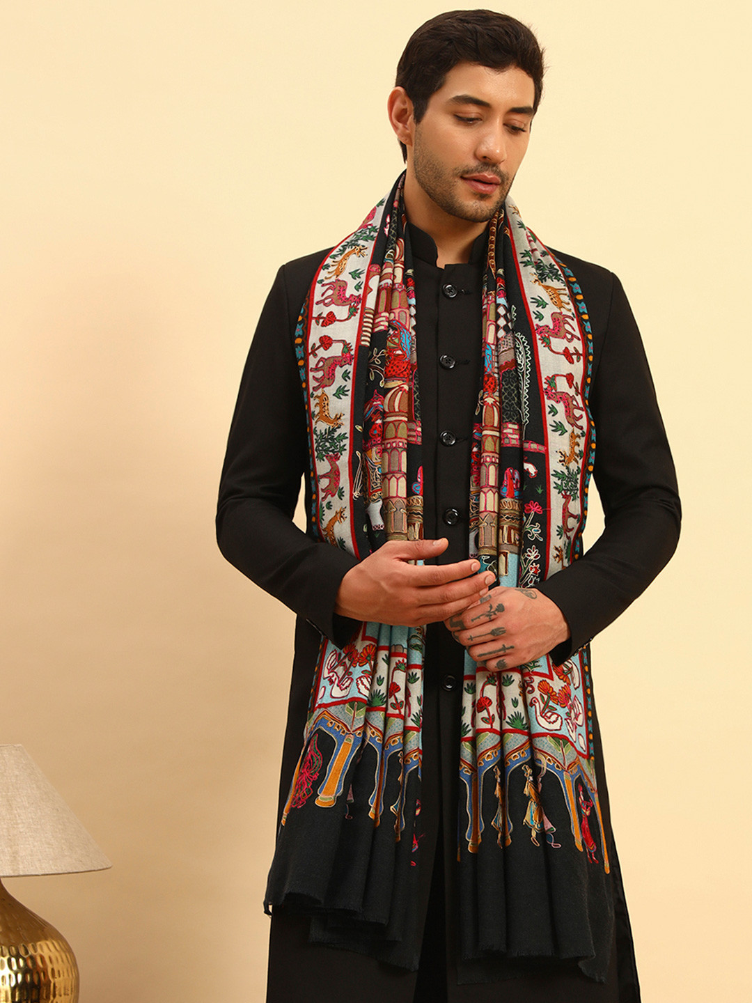 Pashmoda Men Tribal Embroidered Pure Wool Kalamkari Shawl