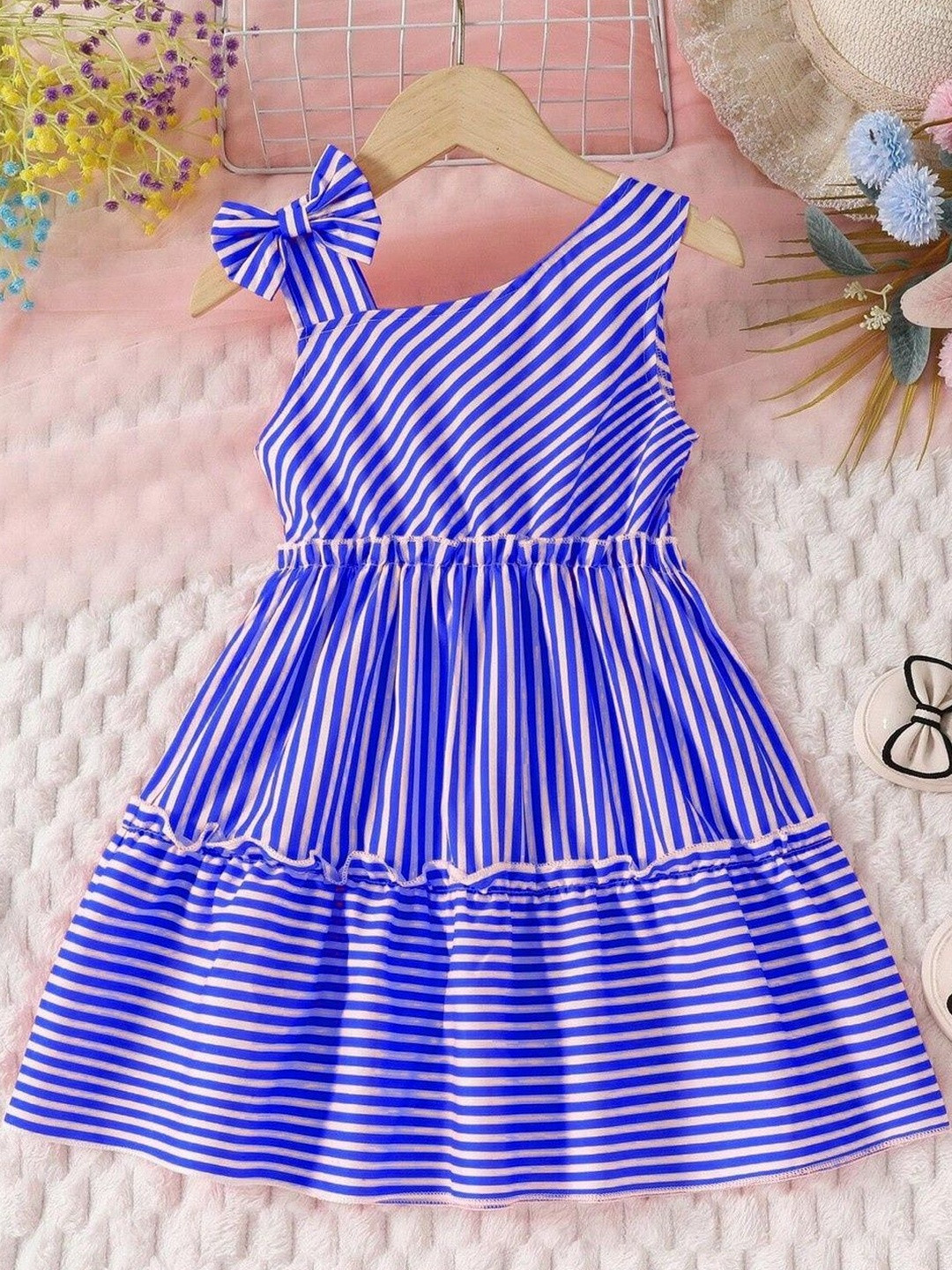 HOPZONIC Girls Striped One Shoulder Cotton A-Line Dress