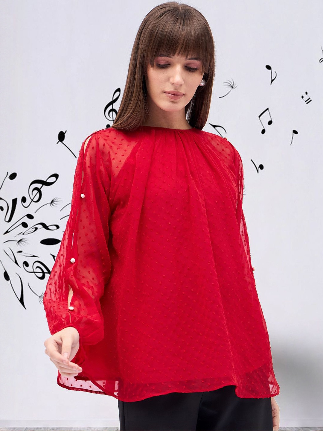 DressBerry Women Red Polyester With Dobby Raglan Sleeve Self design Top