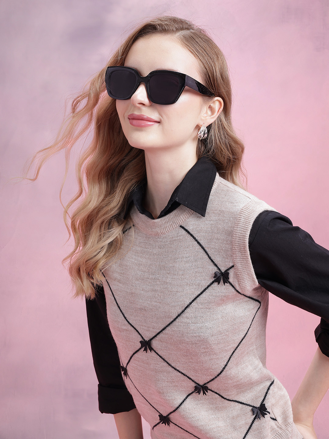 DressBerry Women Checked Sweater Vest with Embellished Detail