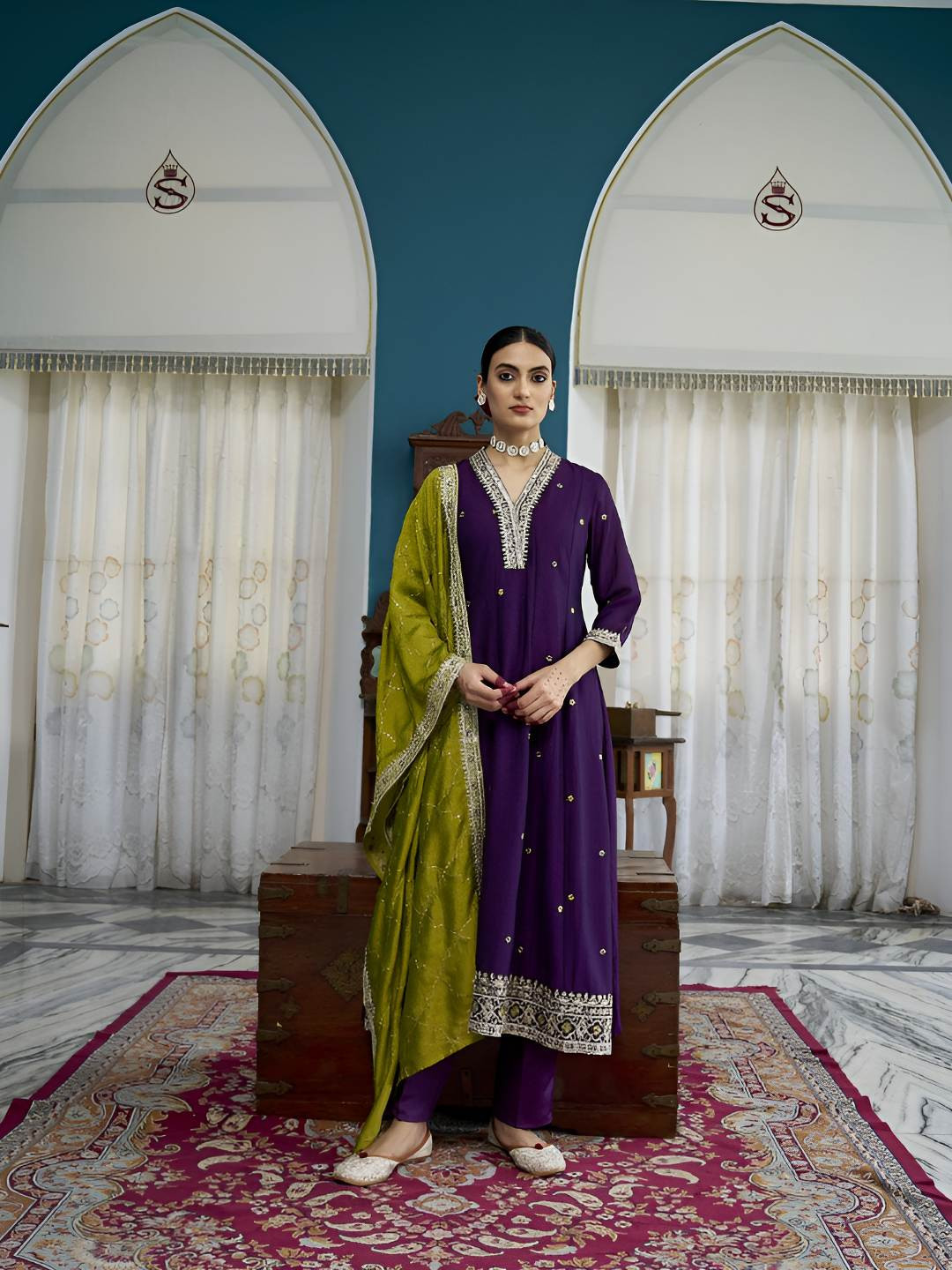 MOKOSH Women Silk Embroidered Anarkali Kurta and Pant with Dupatta Set