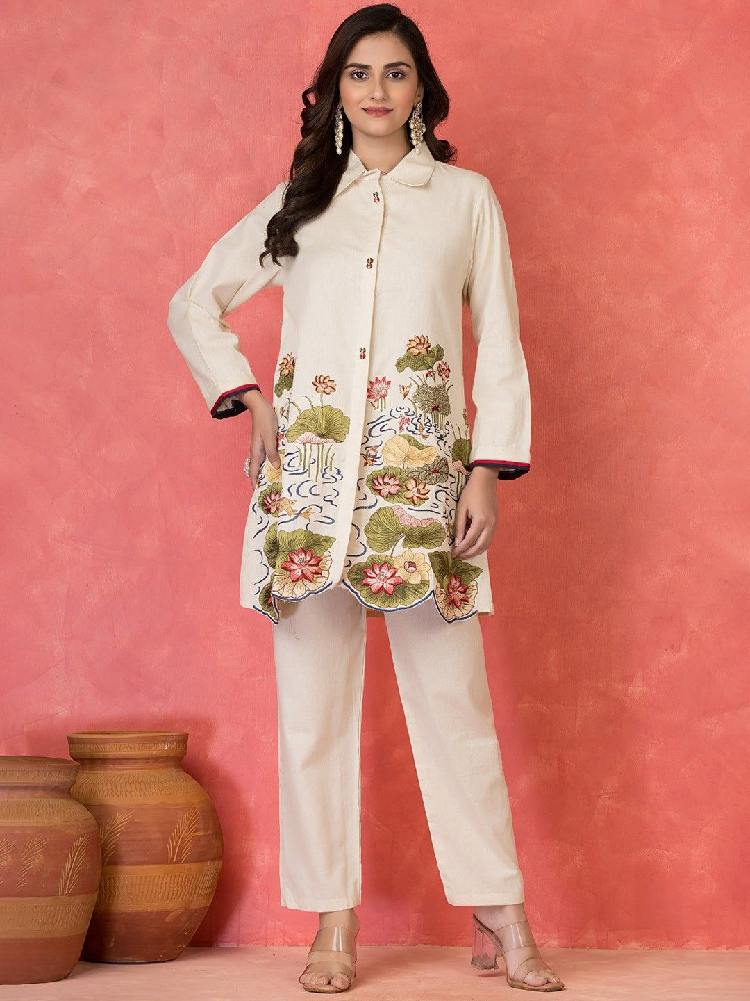 AUTUMN LANE Sabhya Shell Embroidered Shirt Collar Shirt With Trousers Co-Ords Set