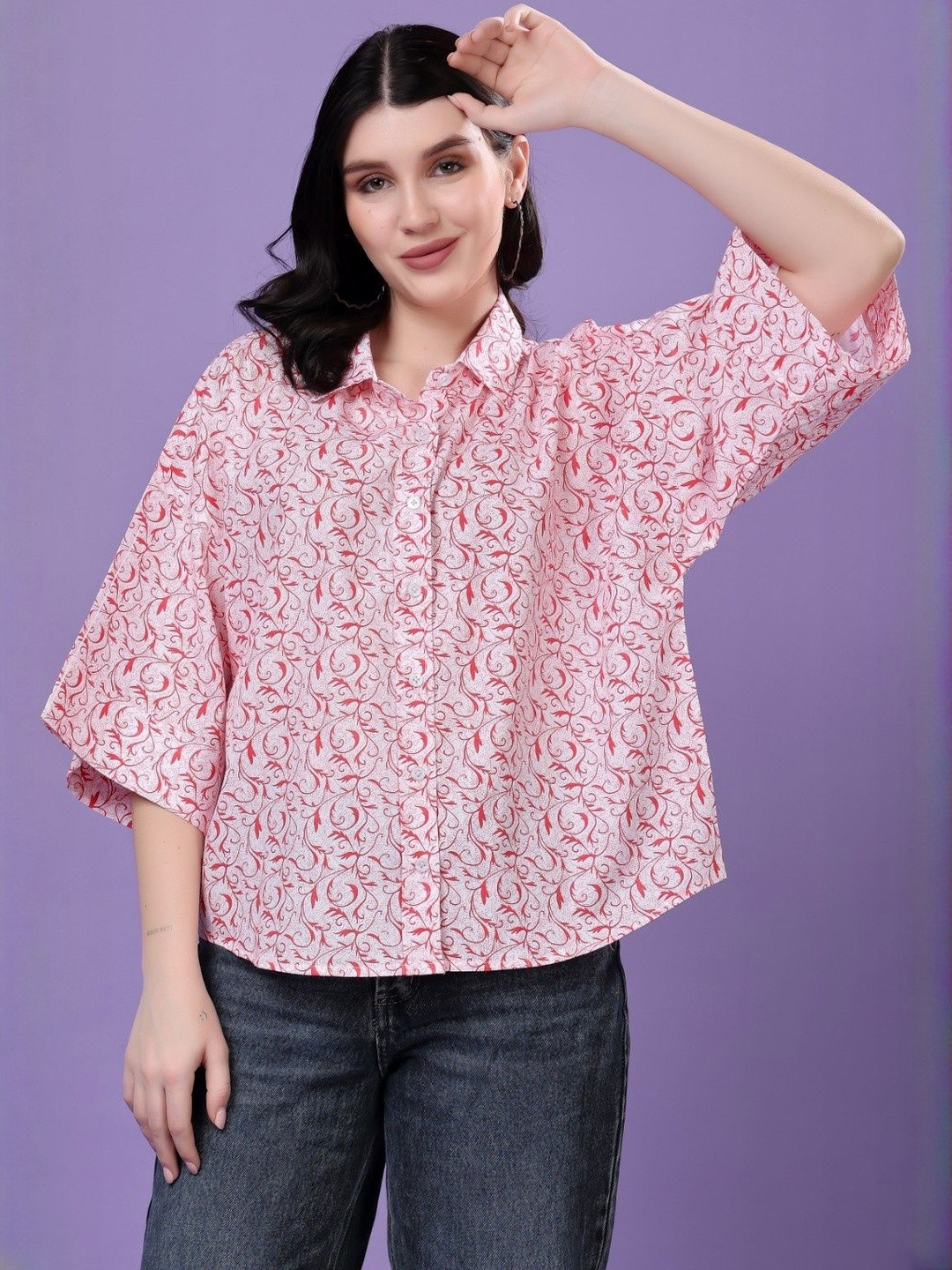 MJ LIFE STYLE Women Red & White Cotton Relaxed Floral Printed Oversized Casual Shirt