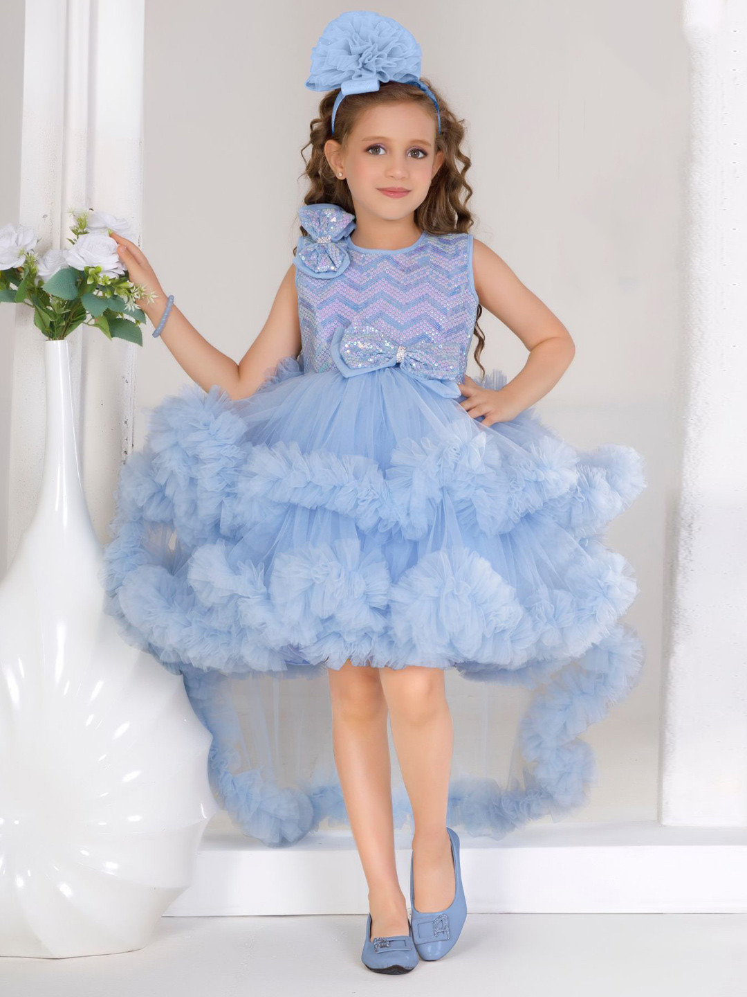 Lagorii Girls Sequin Bow With High-Low Ruffle Party Frock