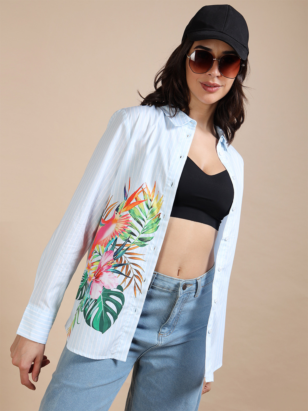 GLAM & CHIQUE Women's Oversized Striped Shirt with Tropical Bloom Print