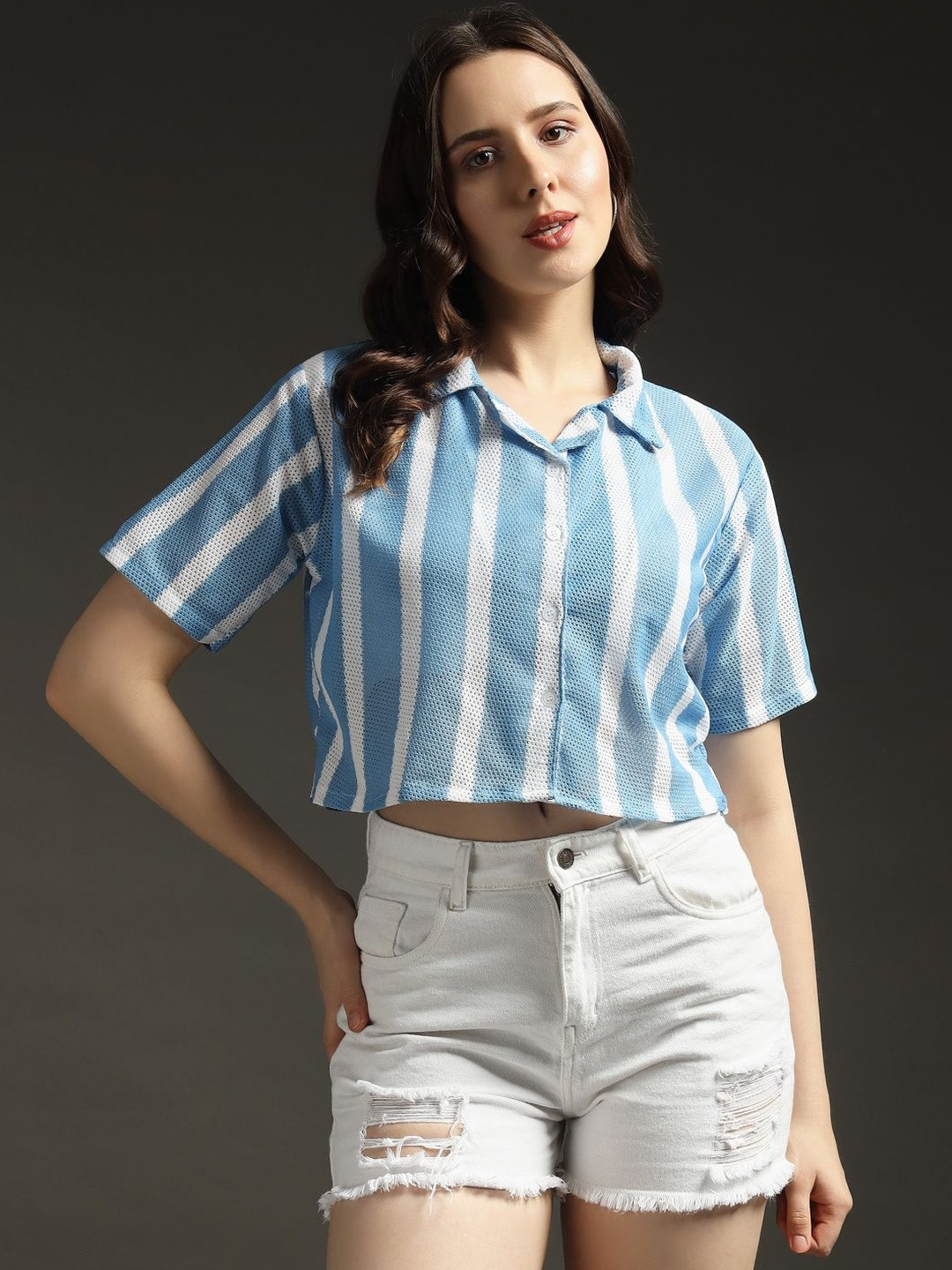 emeros Striped Net Shirt Style Crop Top