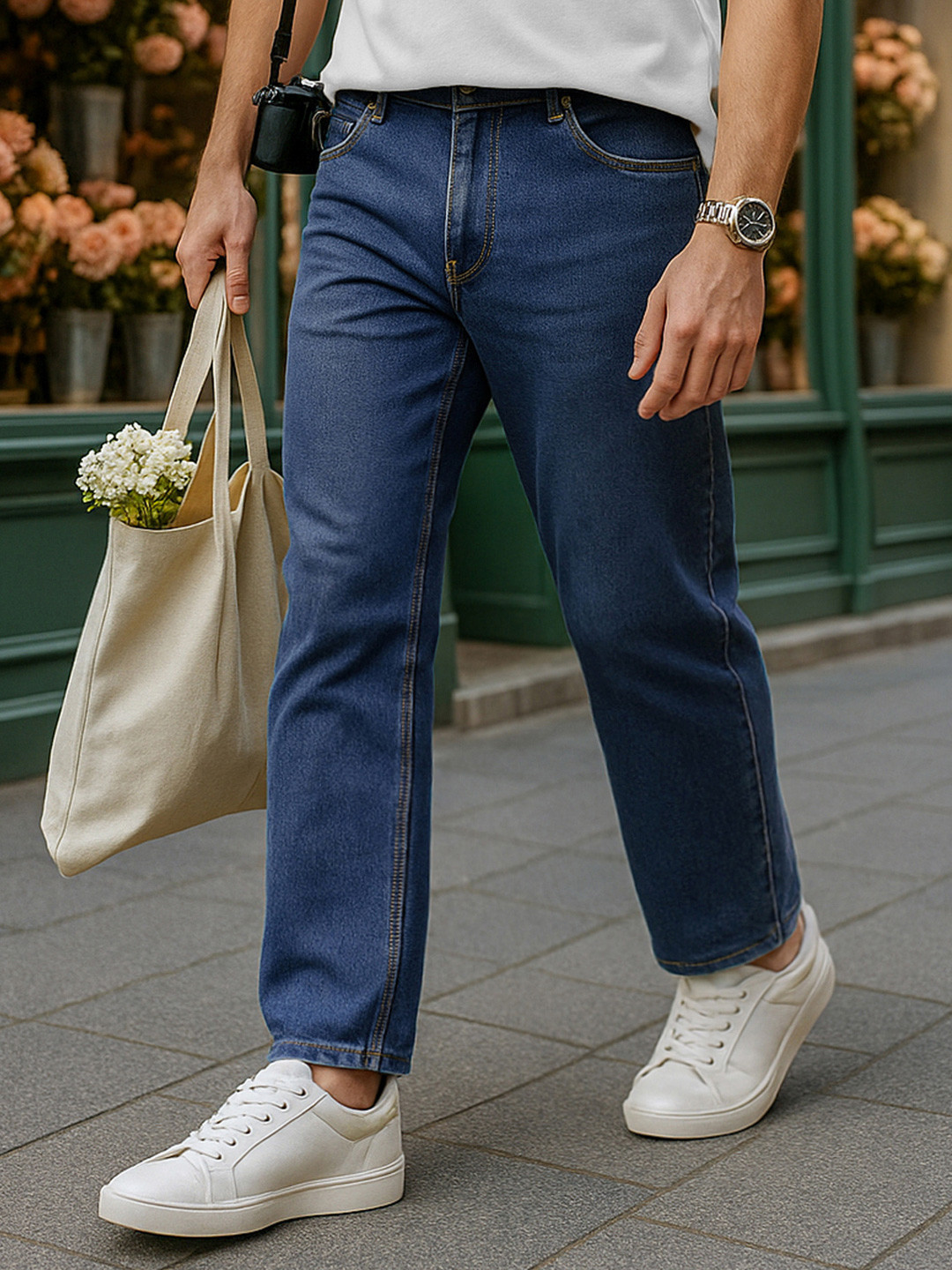 Bewakoof Men's Blue Slim Slim Straight Fit Stretchable Washed Mid-Rise Jeans