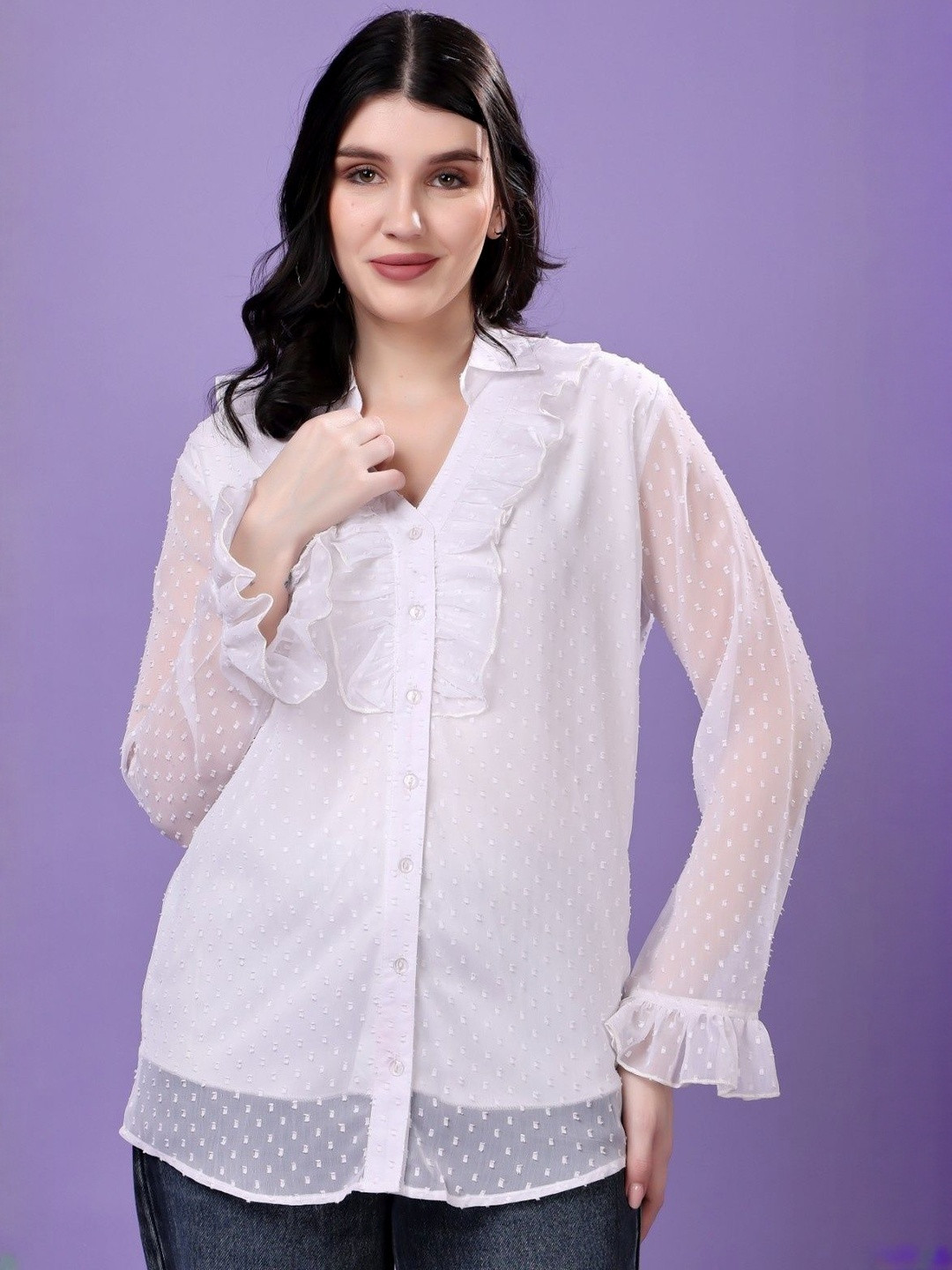 MJ LIFE STYLE Women White Georgette Sheer Polka Textured Ruffle Shirt