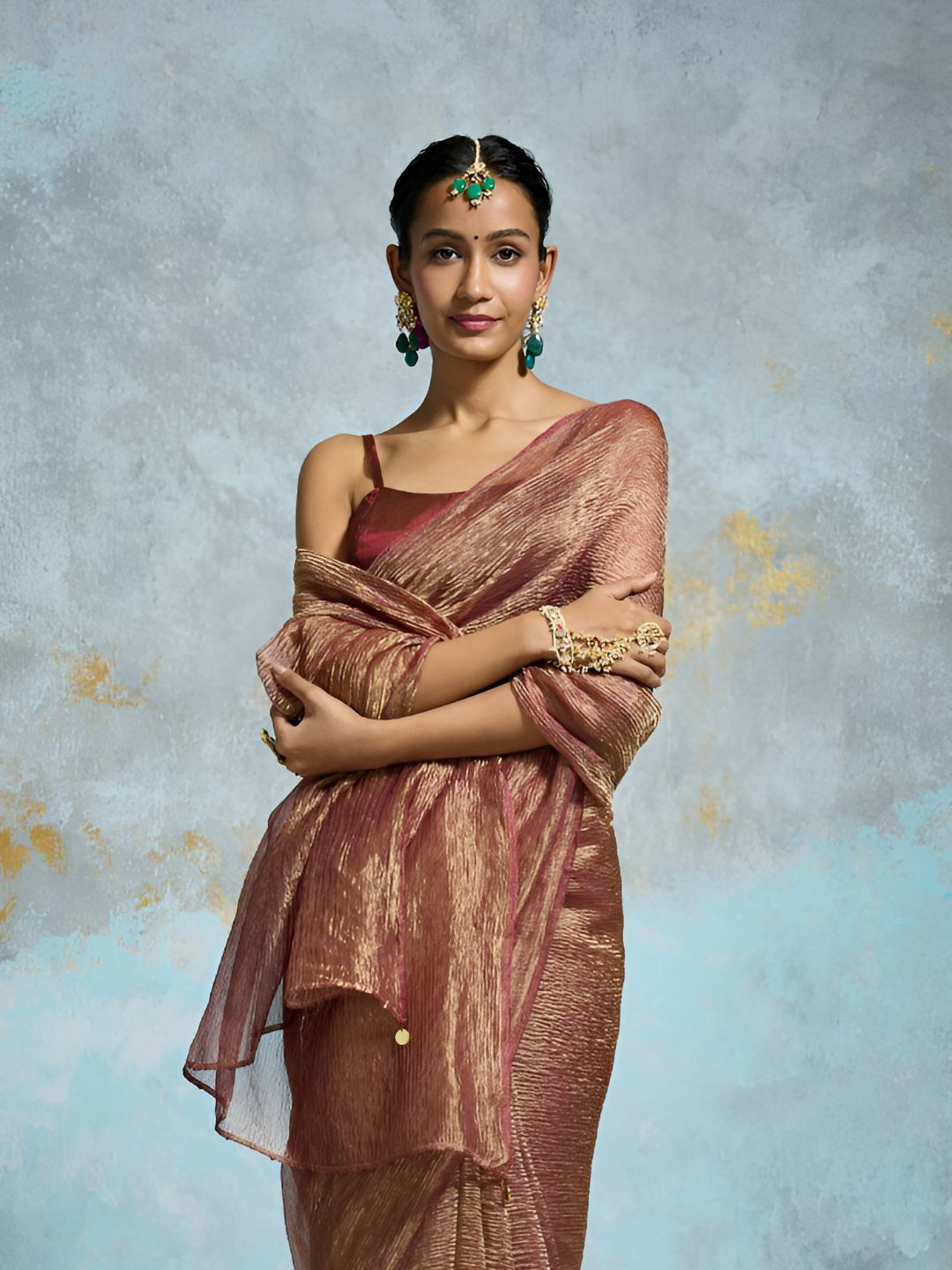 Dressfolk Crinkled Banarasi Tissue Saree with Gold Zari Base & Beaded Pallu