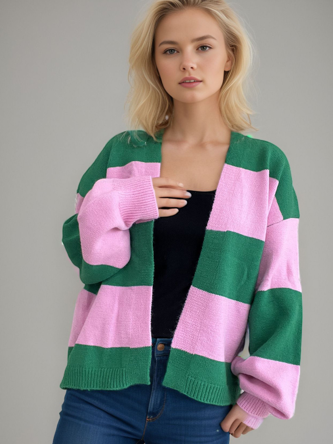 StyleCast Women Green & Pink Stripped Cardigan