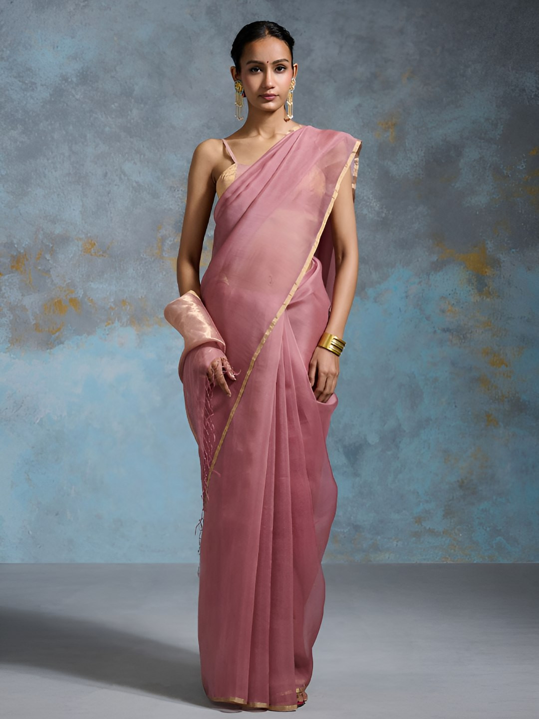 Dressfolk Old Rose Pink Handwoven Banarasi Organza Saree with Metallic Gold Palla & Border