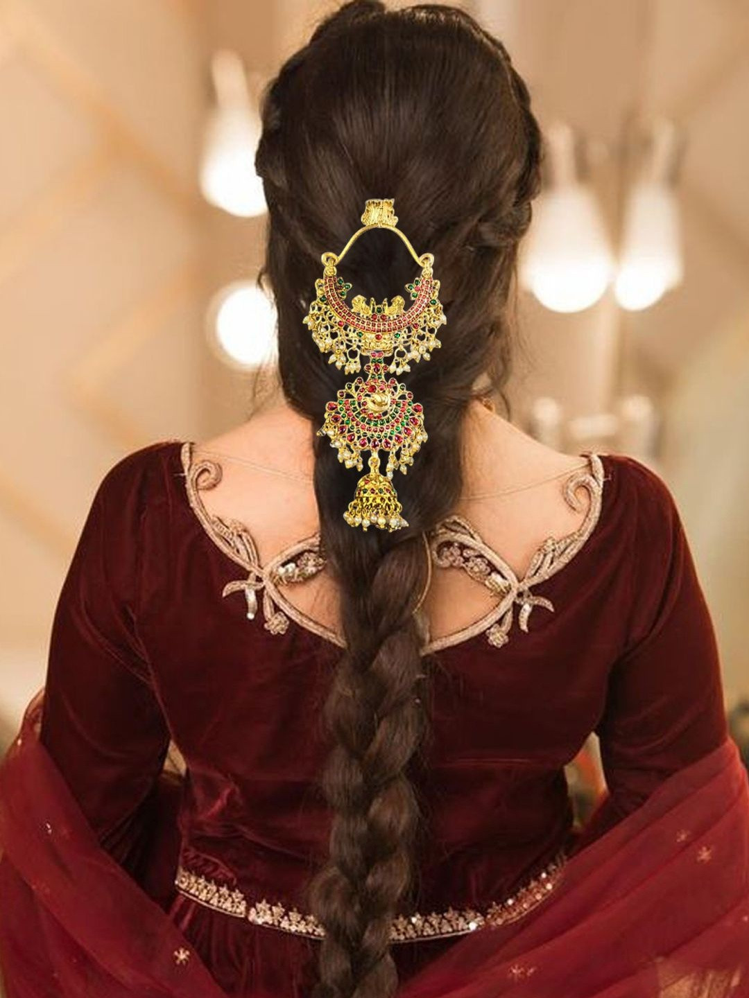 VAGHBHATT Women Gold Plated Kemp Stones and Pearl Drops Bridal Jada Hair Accessory