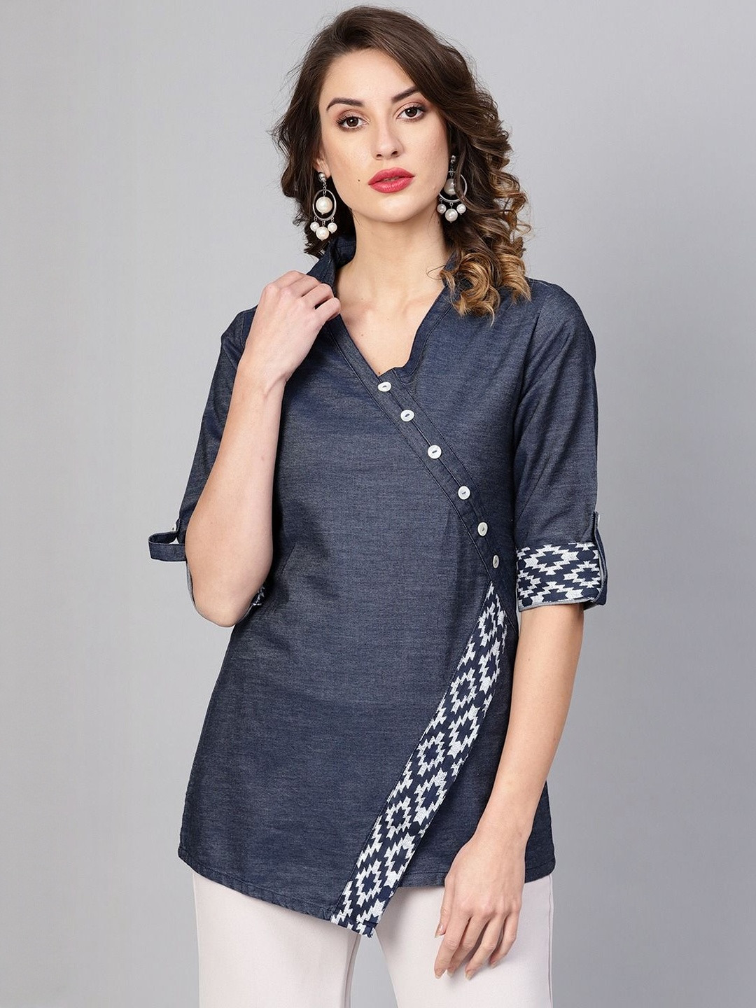 YASH GALLERY Women Denim Printed Cotton Top