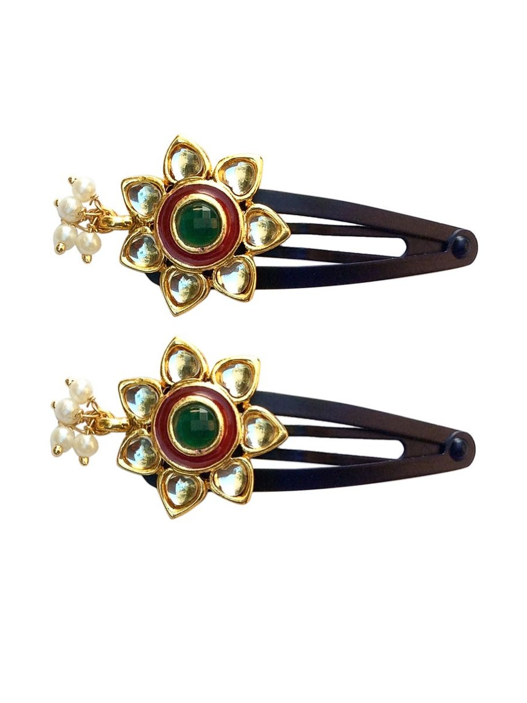 FURE Set Of 2 Kundan Flower Embellished Tic Tac Hair Clips