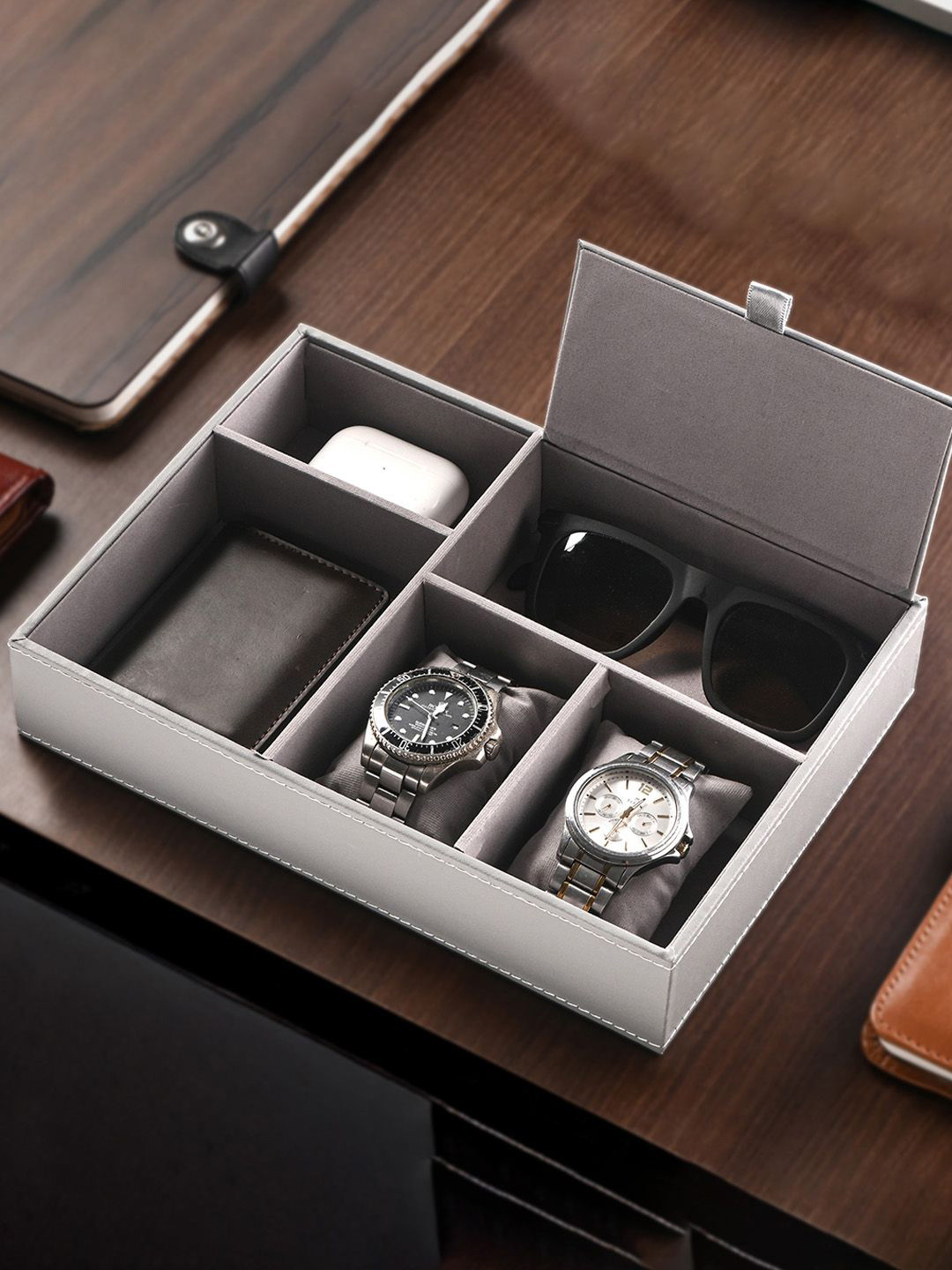 Kuber Industries Grey Faux Leather Jewellery Box & Sunglasses Watch Organisers