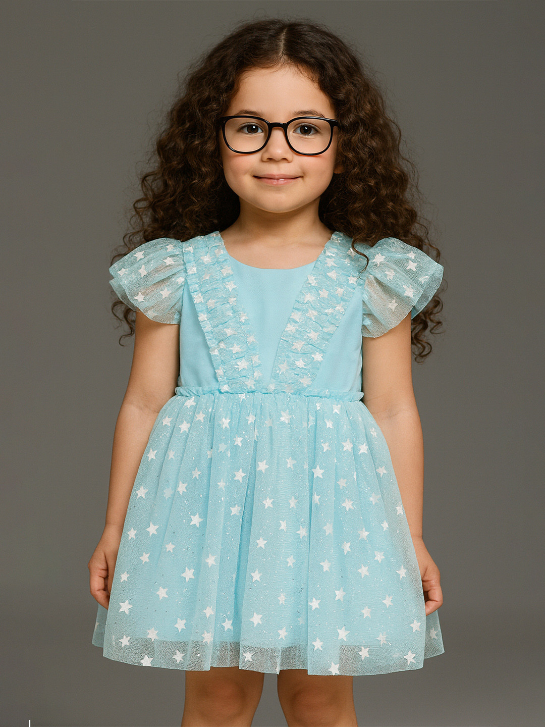 KidsDew Girls Stars Printed Flutter Sleeves Fit & Flare Above Knee Dress