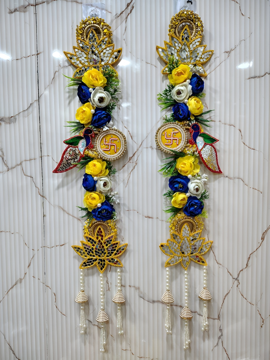 PUFFSMART 2 Pieces Blue & Yellow Traditional Peacock Design Floral Wall Hangings
