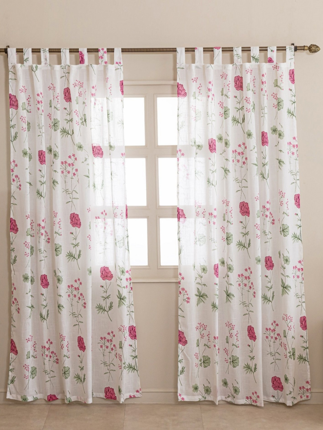 HOMEMONDE White & Pink Set of 2 Floral Sheer Cotton Door Curtains