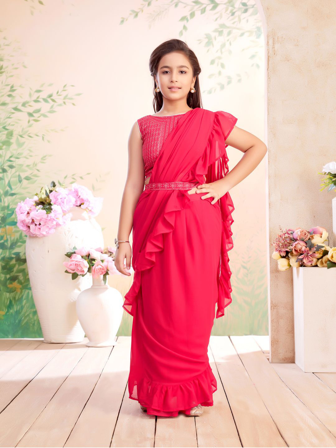 BAESD Girls Embellished Ruffles Sarees With Blouse Piece