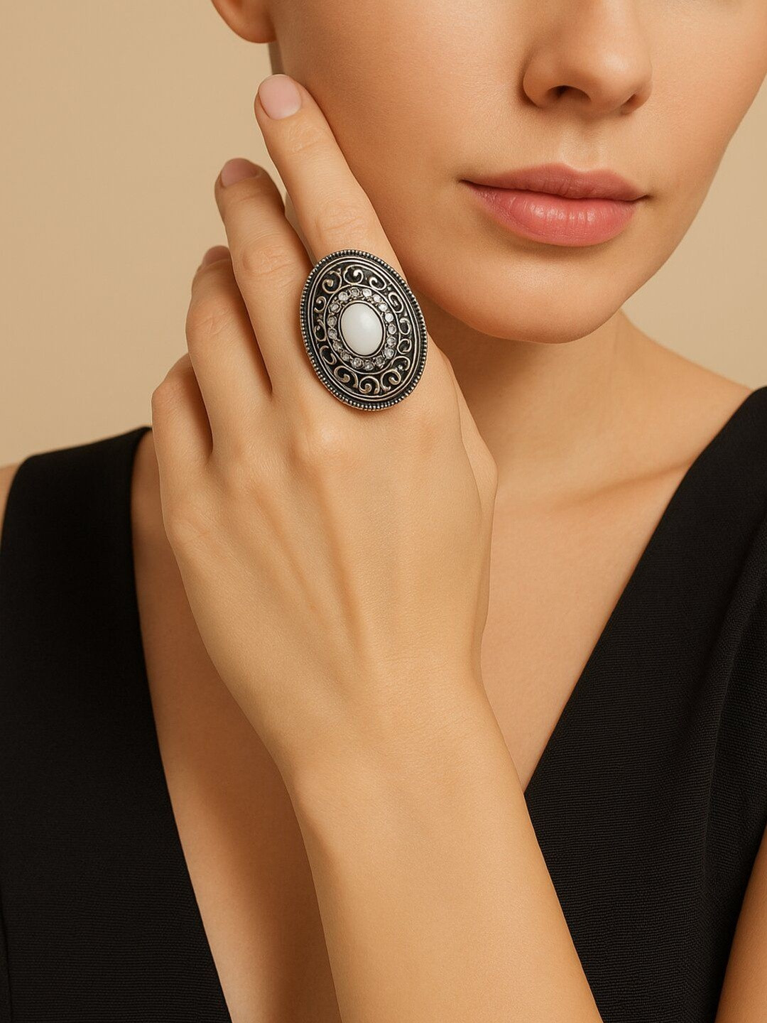 Haute Handles Silver-Plated Stones Studded Finger Ring