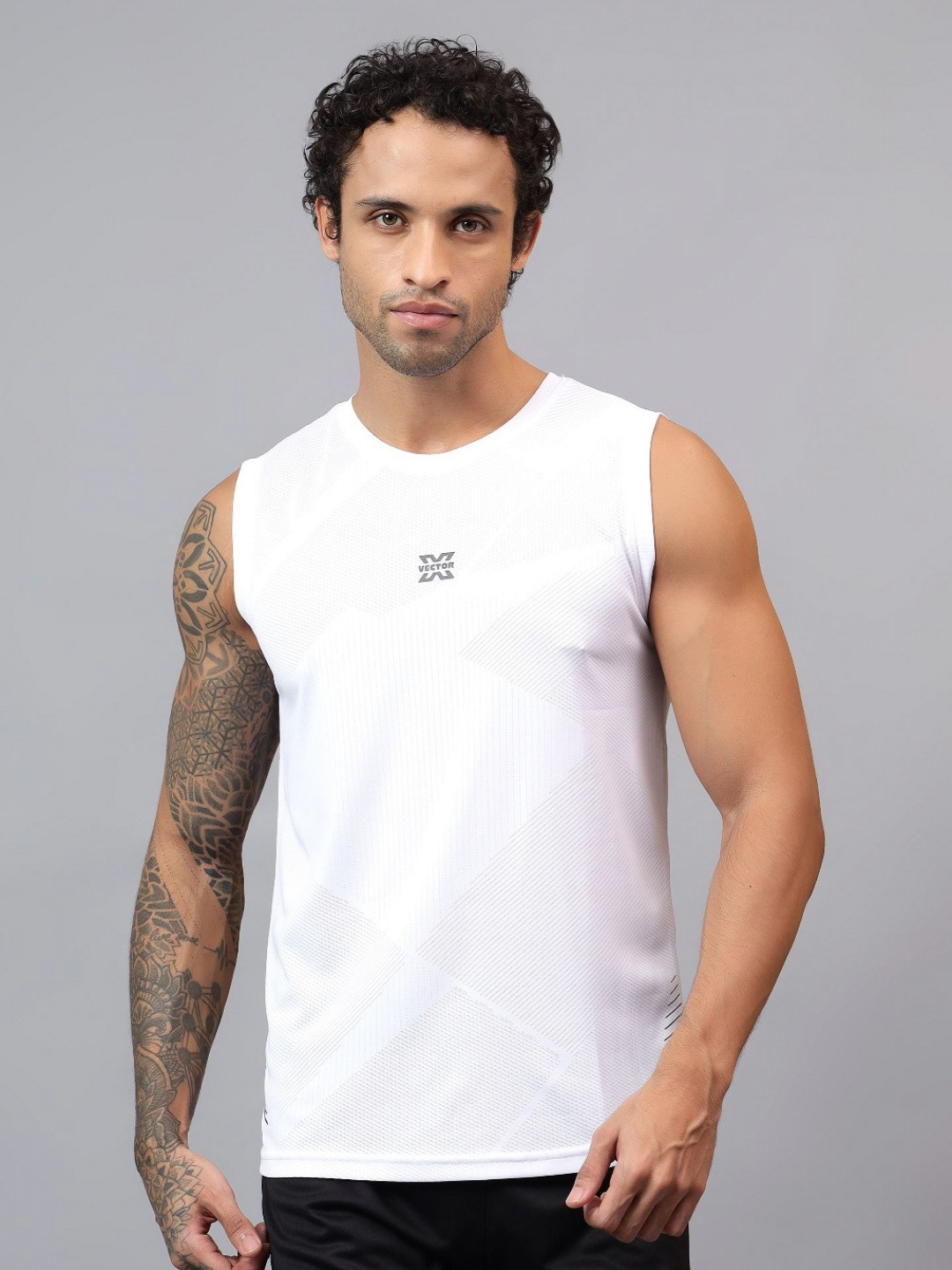 VECTOR X Self Design Round Neck Sleeveless Regular Fit T-shirt