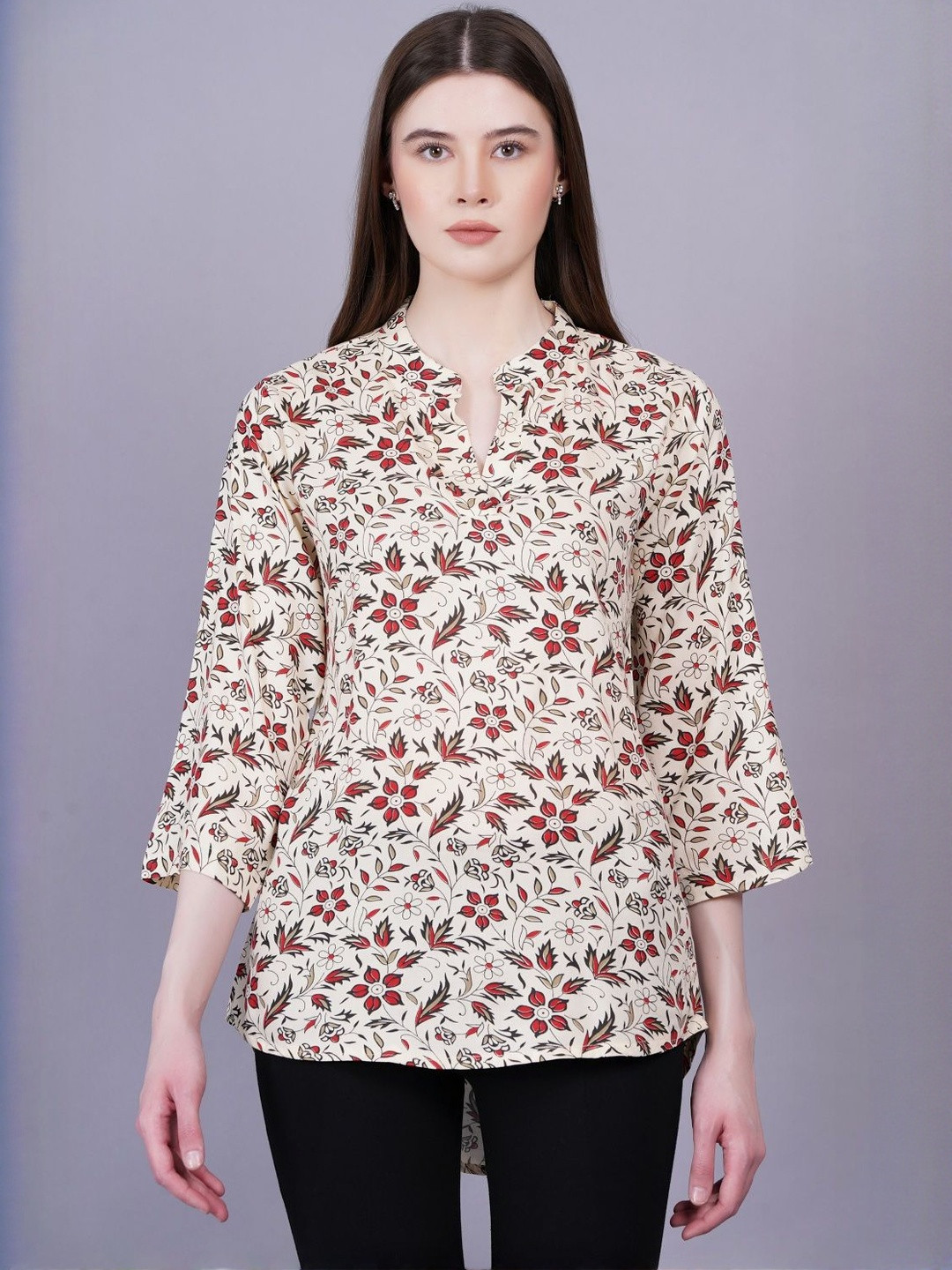 Jyoti Women Red Rayon Floral Mandrain Color Tunic