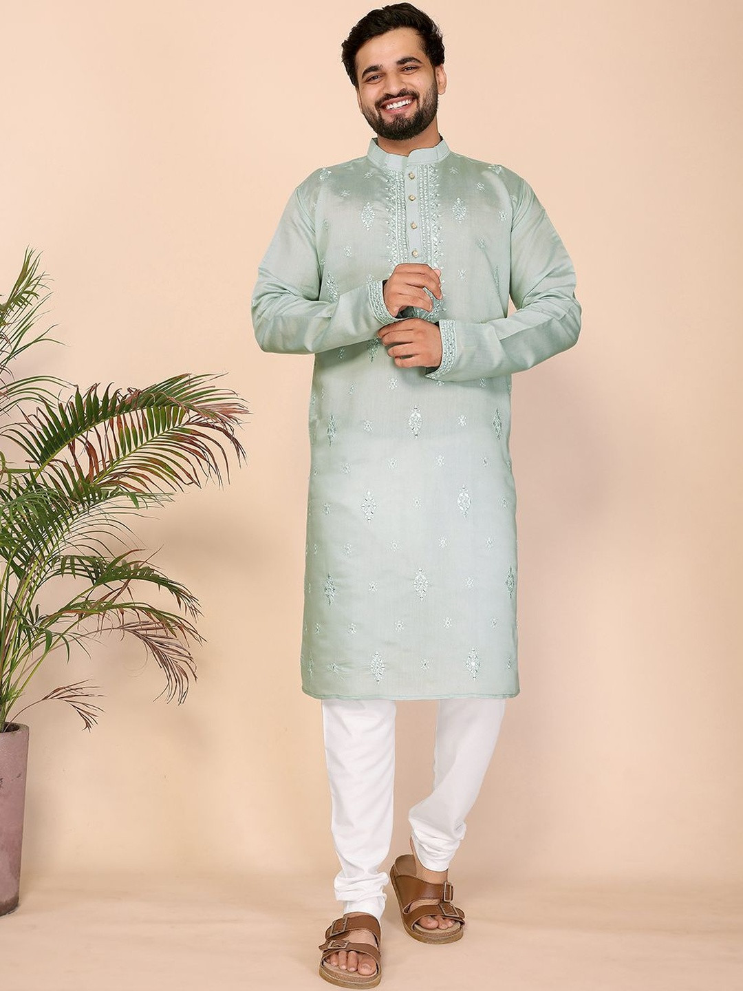 Moda Rapido Men Sequein & Embroidered Cotton Silk Kurta