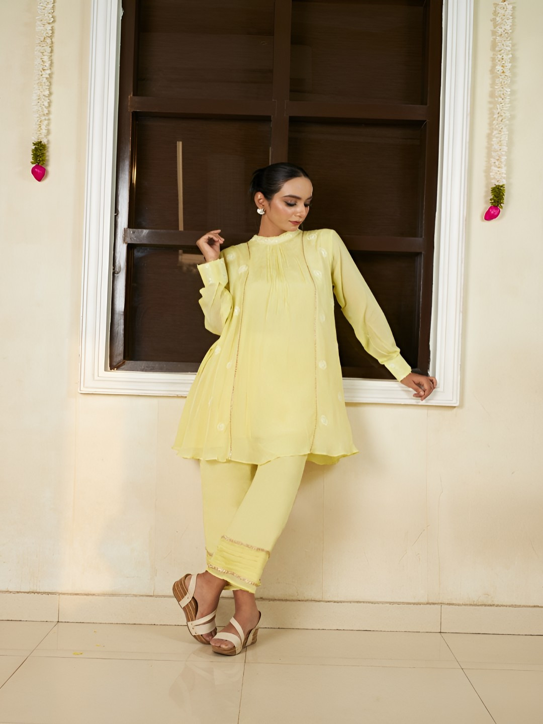 Undyed Ethnic Motifs Embroidered Band Collar Gotta Patti Work Kurta With Trousers