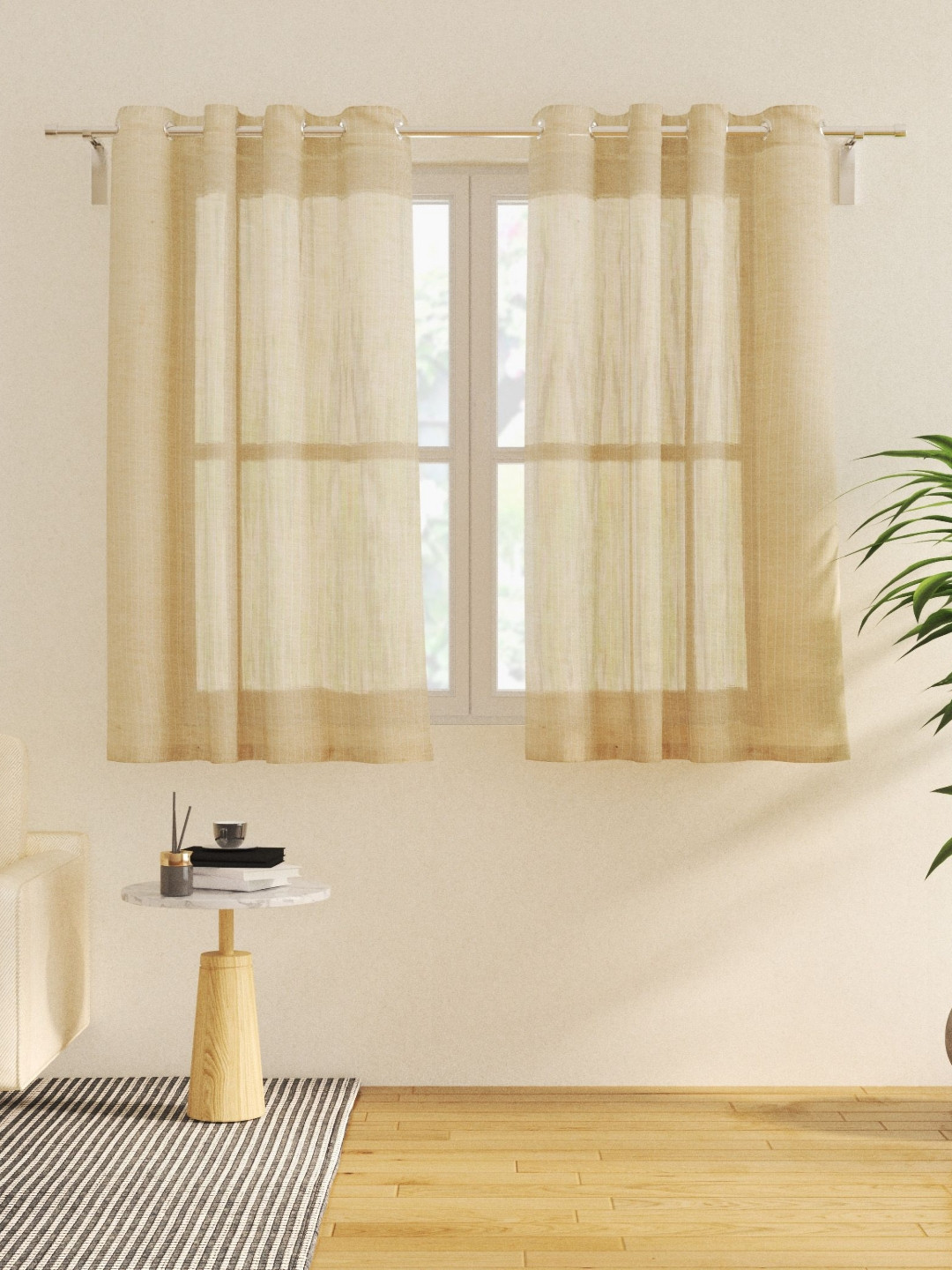 Home Centre Chanderi Veil Beige & Off White 2 Pieces Striped Sheer Window Curtains