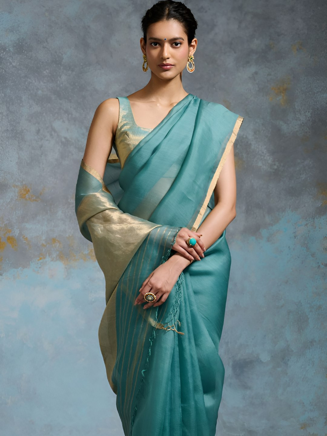 Dressfolk Teal Handwoven Banarasi Organza Saree with Metallic Pallu & Glass Bead Detailing