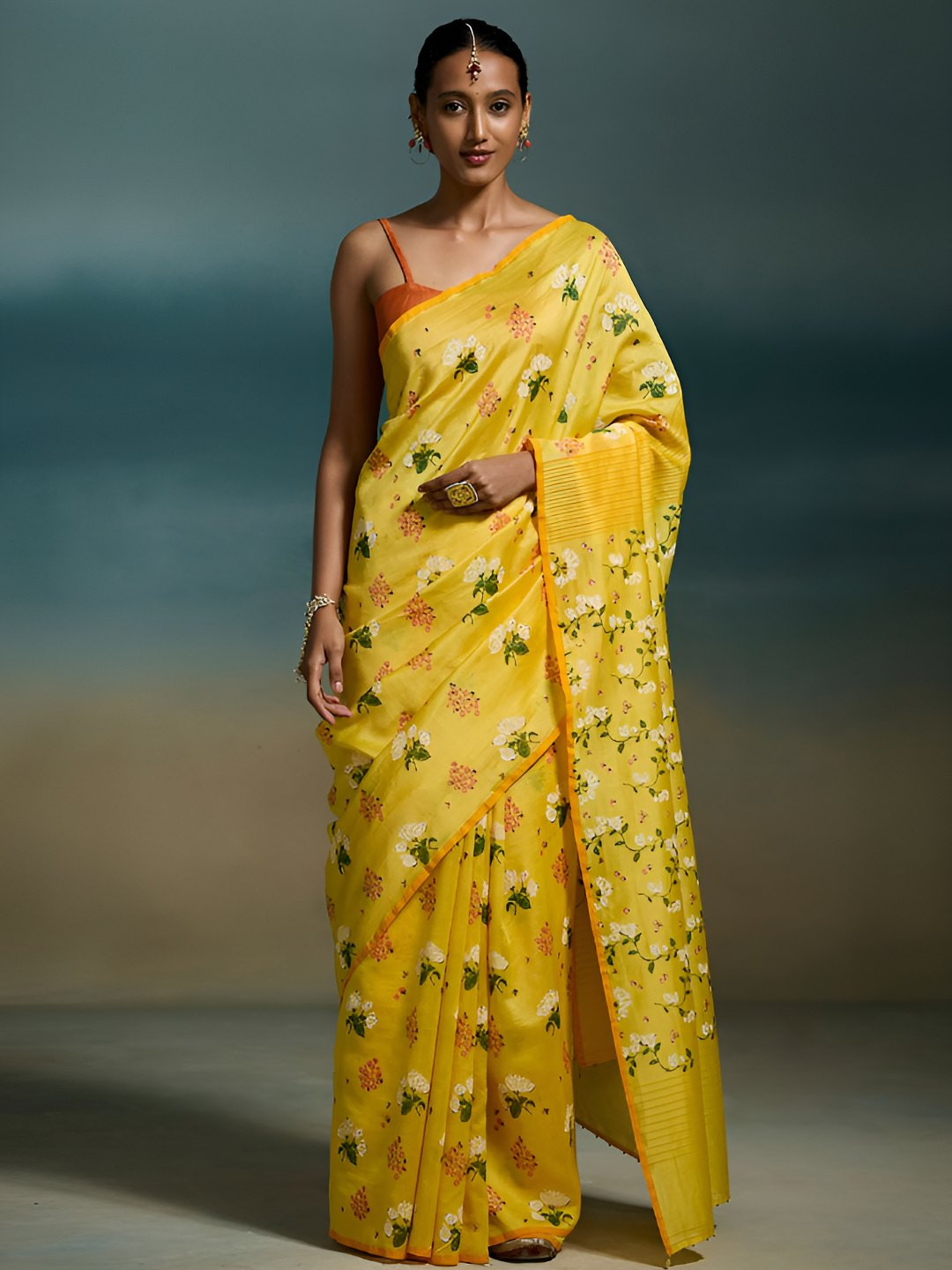 Dressfolk Floral Printed Lightweight Chanderi Saree with Blouse Piece