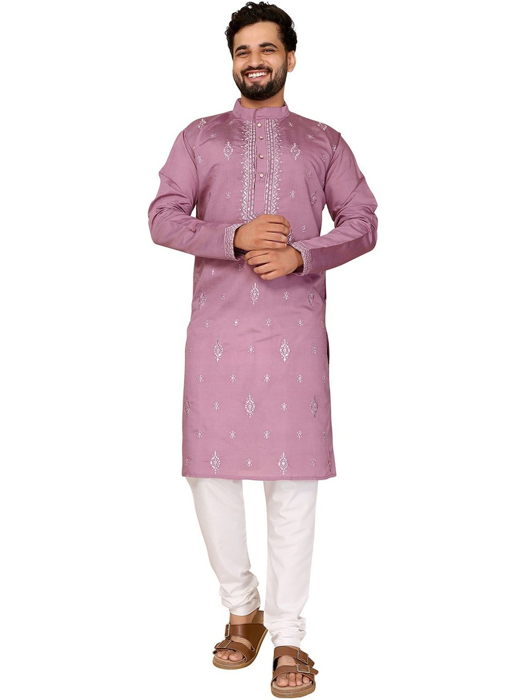 Moda Rapido Men Mauve Cotton Silk Embroidered Kurta