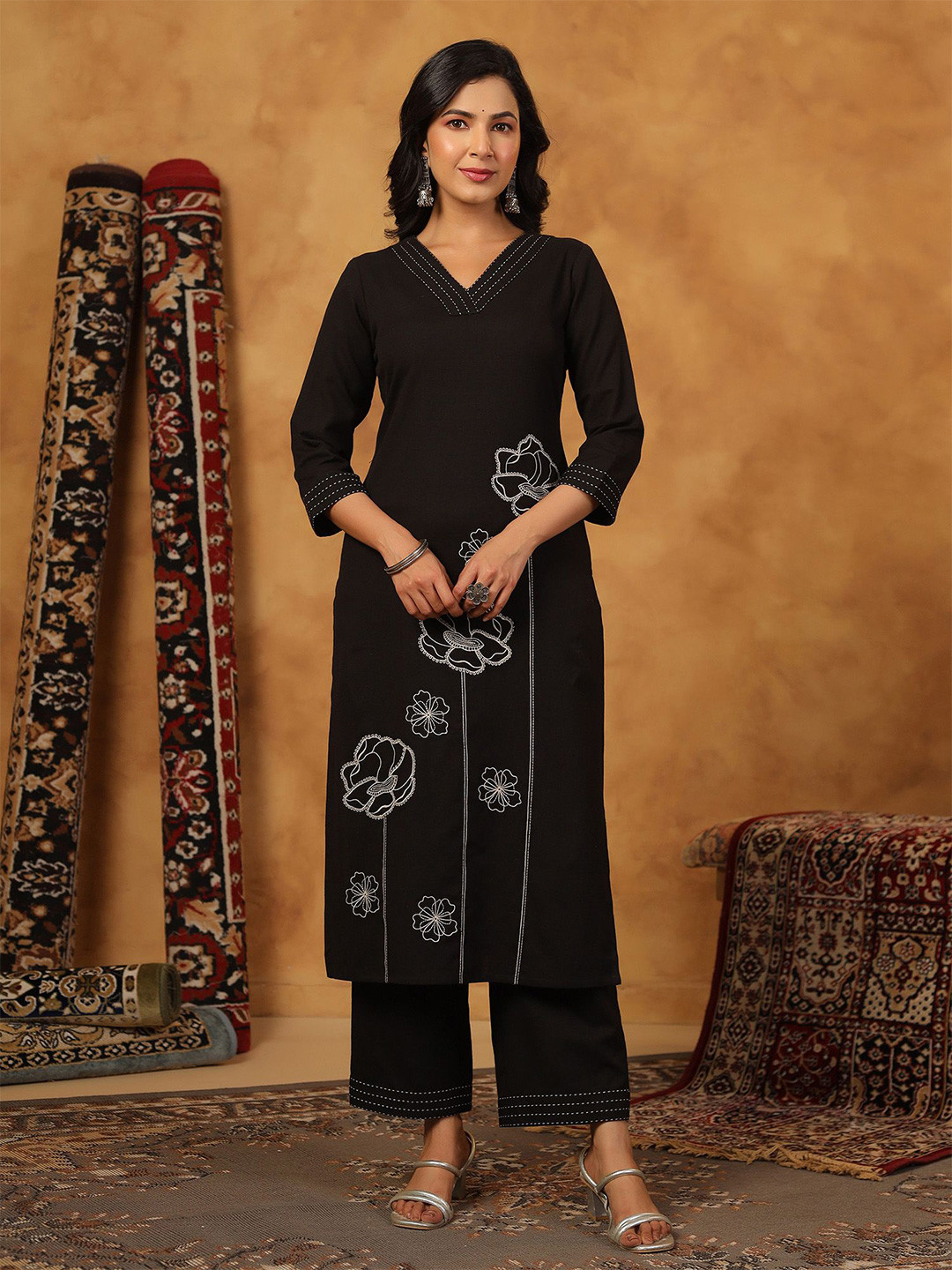 PIROH Women Black Cotton Flex Solid and Embroidered Straight Kurta Palazzo Set