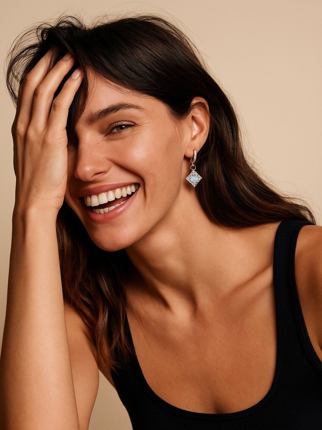 Haute Handles Stainless Steel Sparkling Cubic Zirconia Studded Square Shaped Drop Earrings