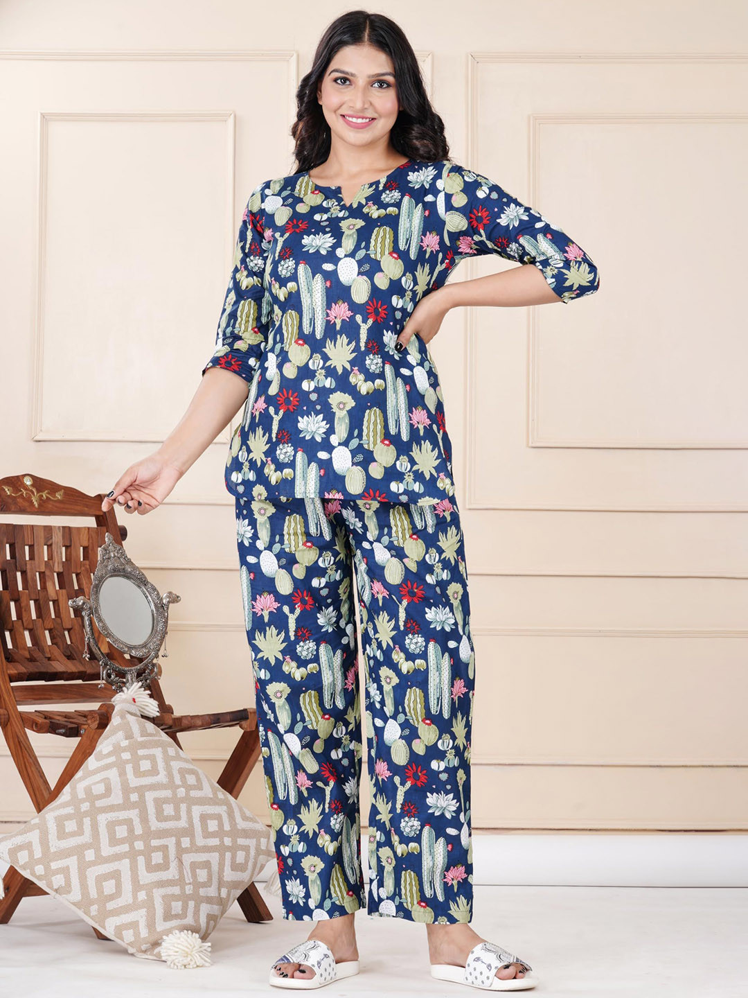Dhruvi Art jewellery store Floral Printed Round Neck Pure Cotton Kurti With Pyjamas