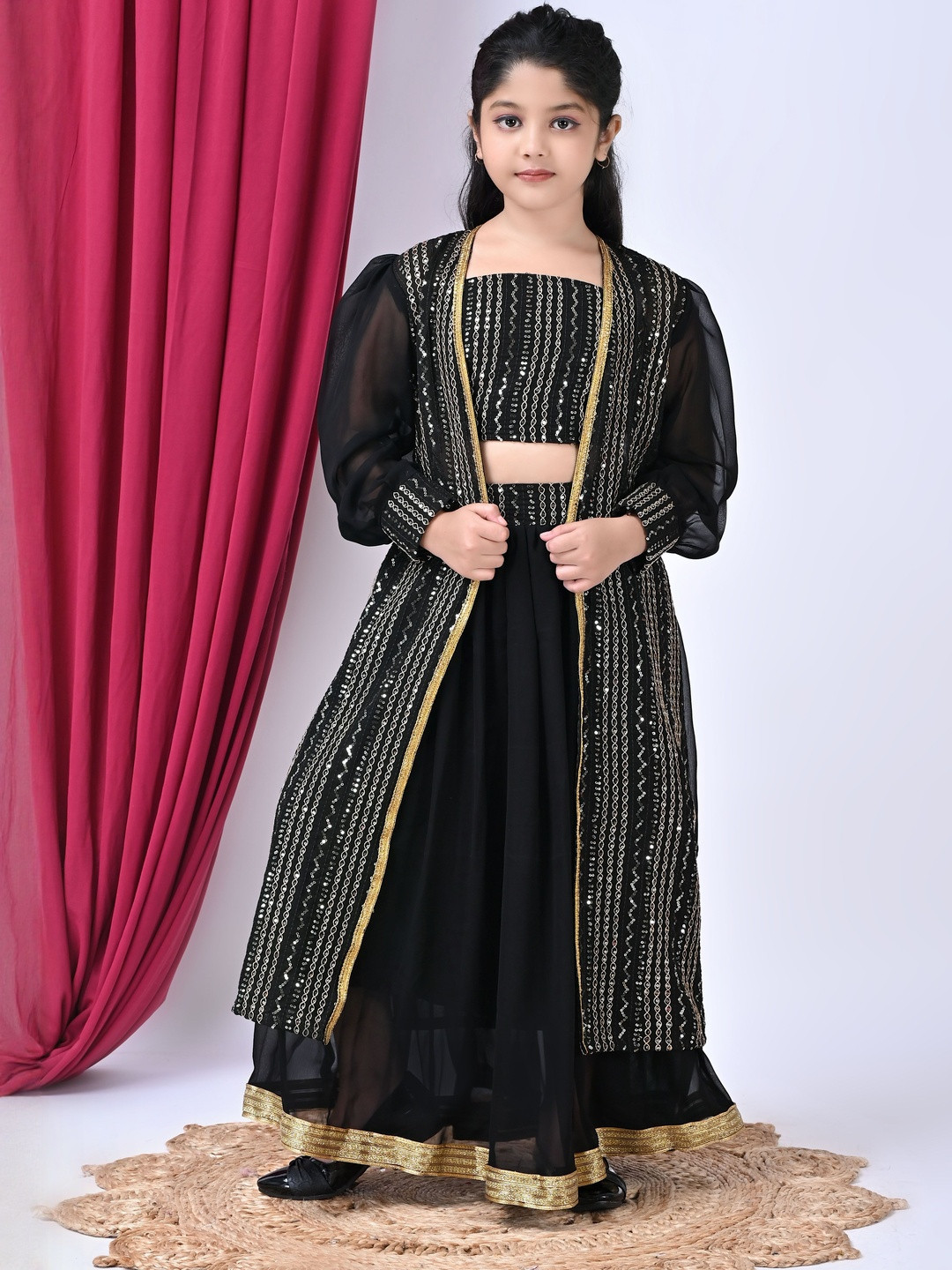 SPAMitude Girls Embellished Self Design Georgette Jacket & Skirt Clothing Set