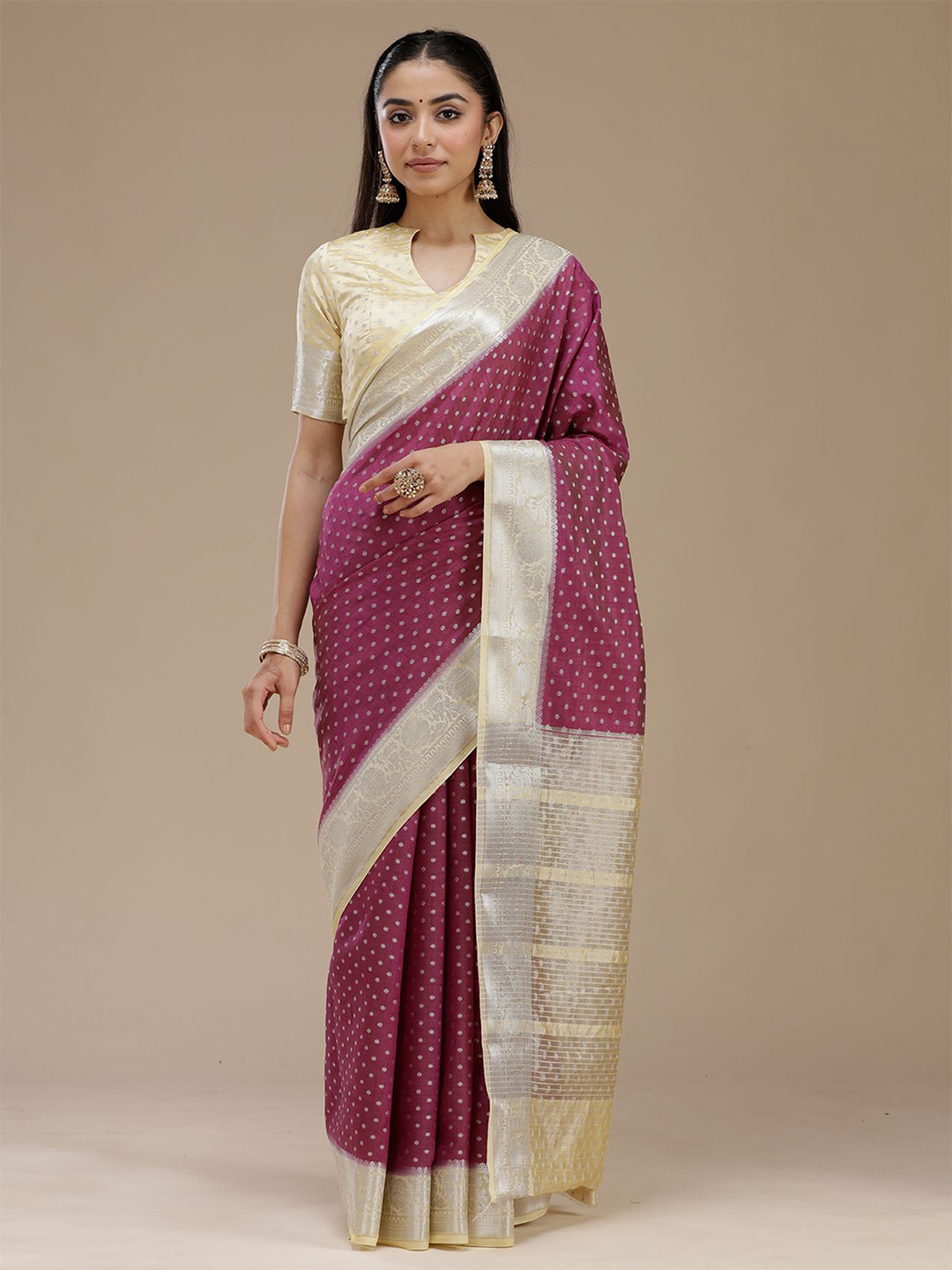 Koskii Wine Zari Work Tussar Silk Saree