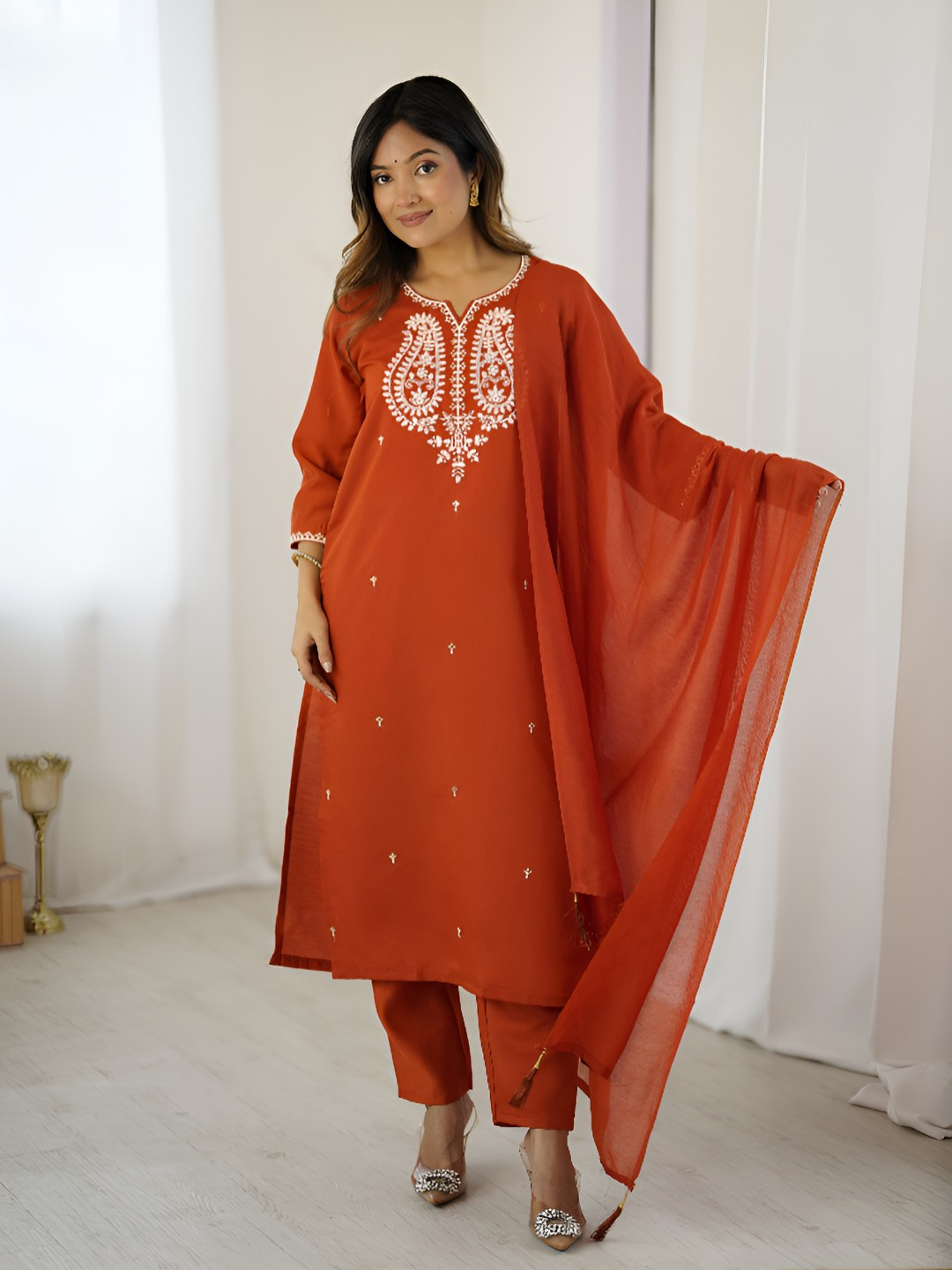 Pantos Women Thread Work Chanderi Silk Kurta with Trousers & Dupatta